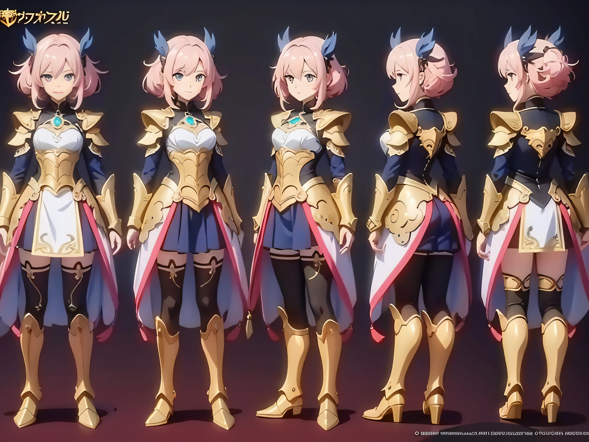 Character Sheet, full-body, female, front view, back view, Withe haired, brass armor, anime, anime style, 4k, high quality