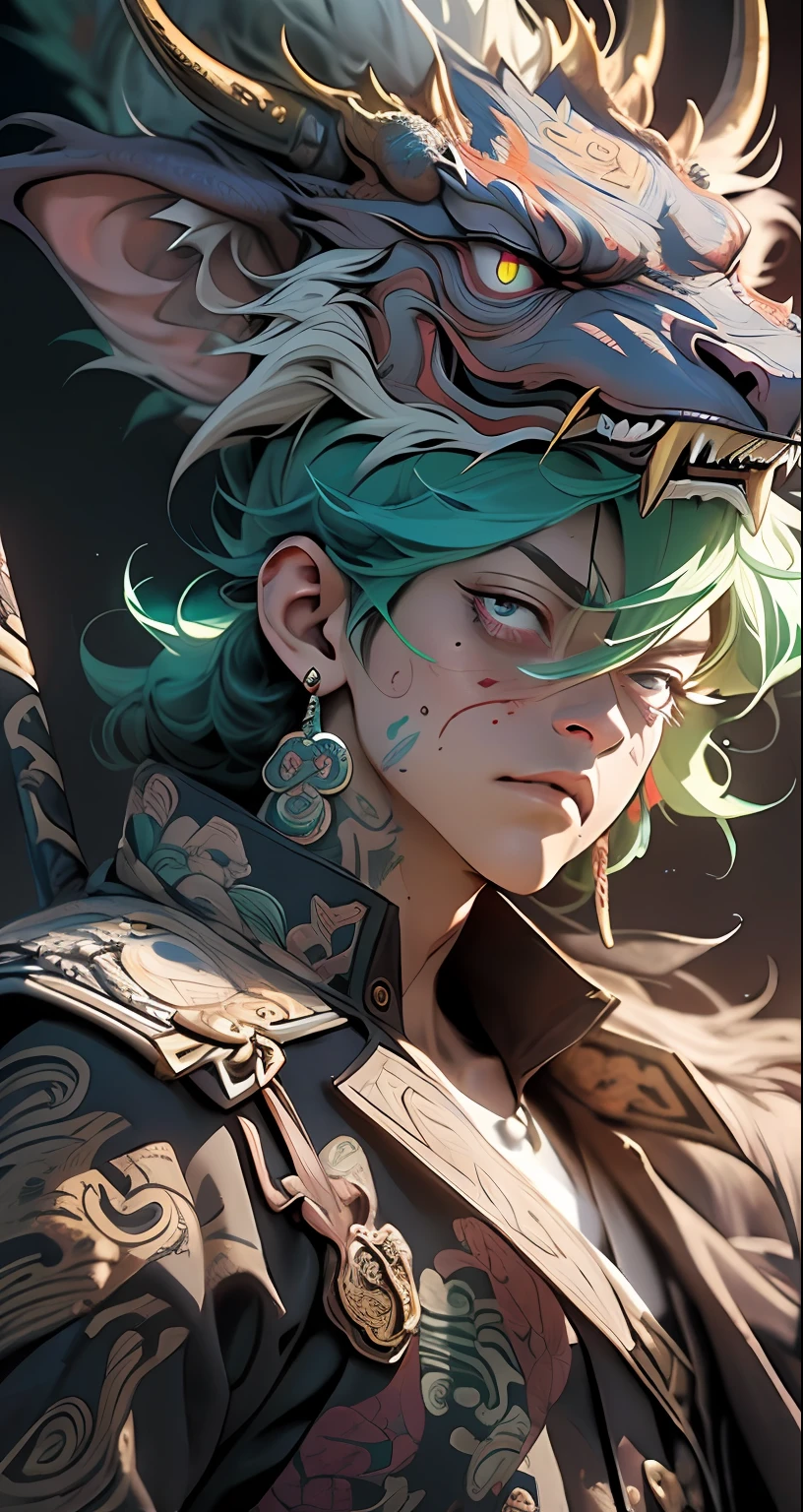 realisti、(A masterpie、beste Quality、beste Quality、Official art、Beauty and aesthetics:1.2)、Highly detailed fractal art、most detailed、Zentangle、(abstract background:1.5)(1 Boy:1.3)、1 juvenile、 Blood_Skelter、Glowing eyes、Pink blood、firey、deku midoriya、short green hair、Mysterious、stary sky、full full body、my hero akademia、Chinese dragon pan glaring at dark gray background、Xianxia Style