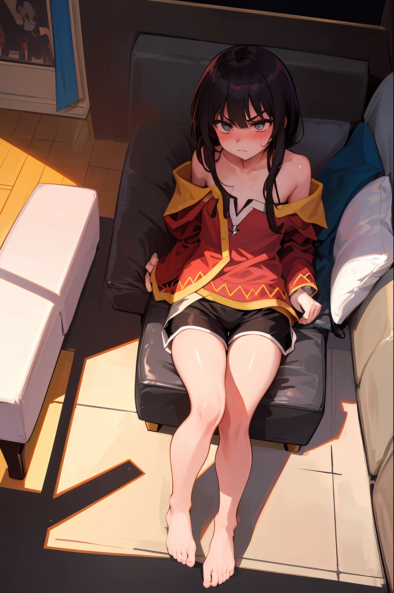 ((Masterpiece)), ((Best Quality)), (Ultra-detailed), ((Extremely detailed)), 4K, (8K), Best Quality, (Beautiful), Full Body, look down from above, Chest visible through the gap in clothes, full body focus, sofa, Megumin, gym shorts, ((Beautiful eyes))0, Angry, blush