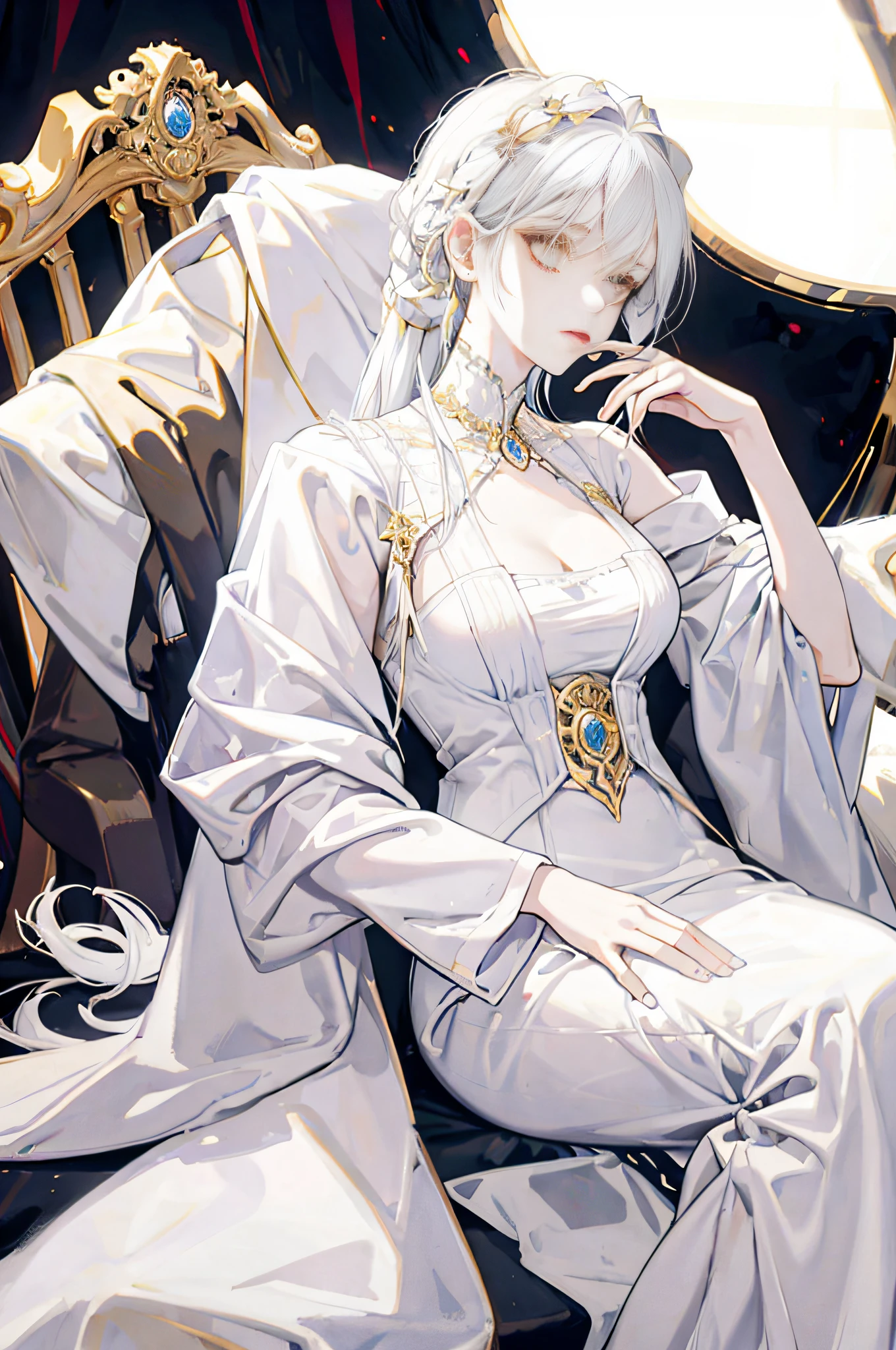 White haired woman, golden eyes, white victorian dress, white skin, elegant, royalty, young woman, alone, mature, beautiful