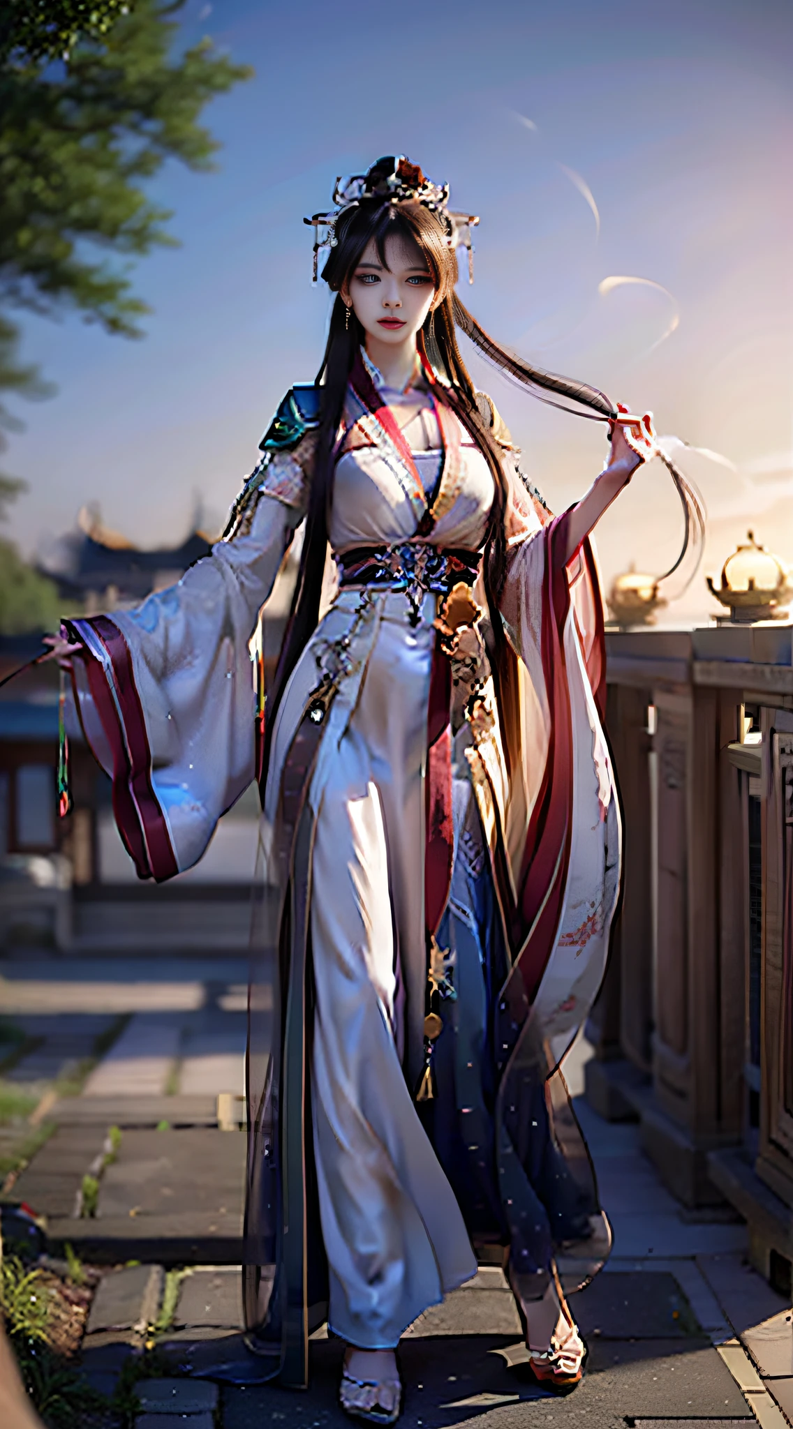 Beautiful digital artwork，Full body photo with full positive perspective，Anime girl with long hair holding a sword，Wearing Hanfu，inspired by Du Qiong、ruanjia、Artgerm and others，Based on the Royal Palace、Guvitz style and Zhao Yun，Visually like a character in a work，Full of power and charisma。