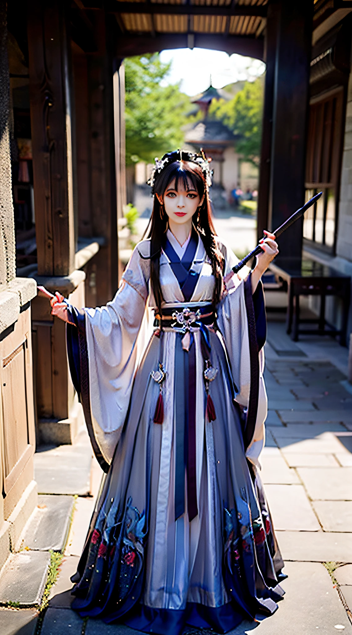 Beautiful face，Slim figure，anime girl with long hair holding a sword in a courtyard, Beautiful character painting, inspired by Du Qiong, royal palace，A girl in Hanfu, Ruan Jia and Artgerm, artwork in the style of guweiz, zhao yun, Artgerm and Ruan Jia, inspired by Lan Ying, Beautiful digital artwork，Positive perspective，Full body photo