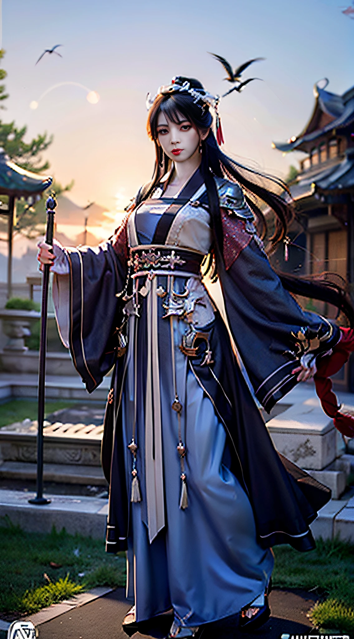 Beautiful face,Slim figure,anime girl with long hair holding a sword in a courtyard, Beautiful character painting, inspired by Du Qiong, royal palace,A girl in Hanfu, Ruan Jia and Artgerm, artwork in the style of guweiz, zhao yun, Artgerm and Ruan Jia, inspired by Lan Ying, Beautiful digital artwork,Positive perspective,Full body photo