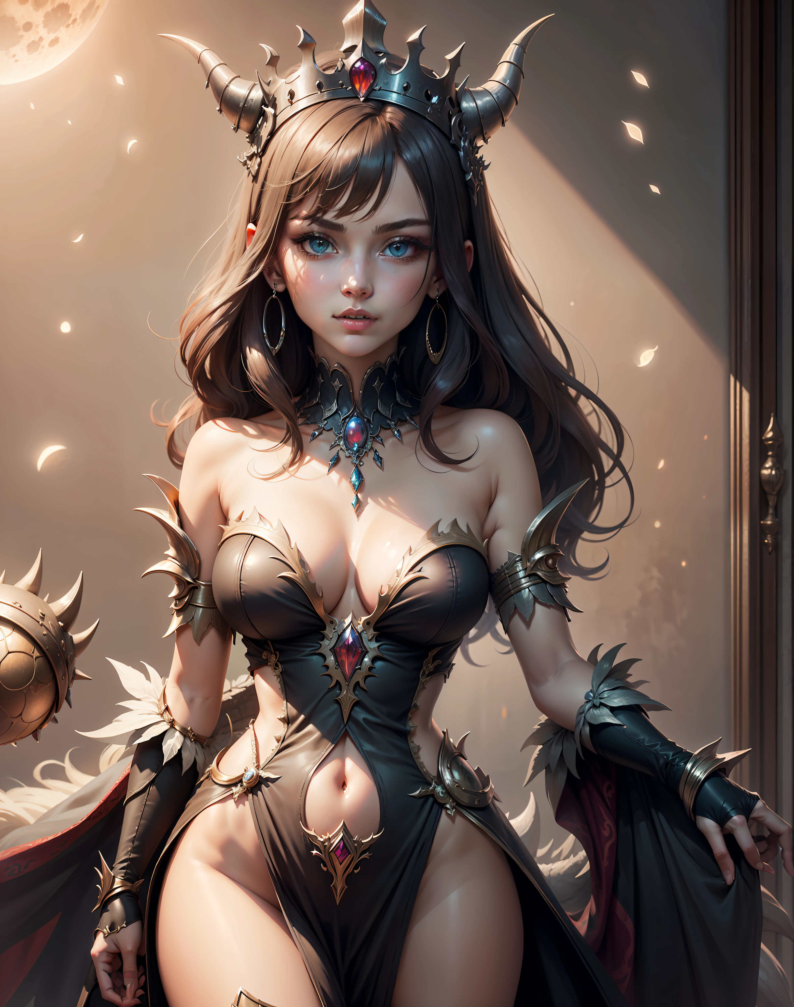 (masterpiece), very high quality, ultra-detailliertes CG Unity 8k Wallpaper, beautiful demon queen, traumhaftes Kleid, atemberaubendes Gesicht, Vollmond im Hintergrund
