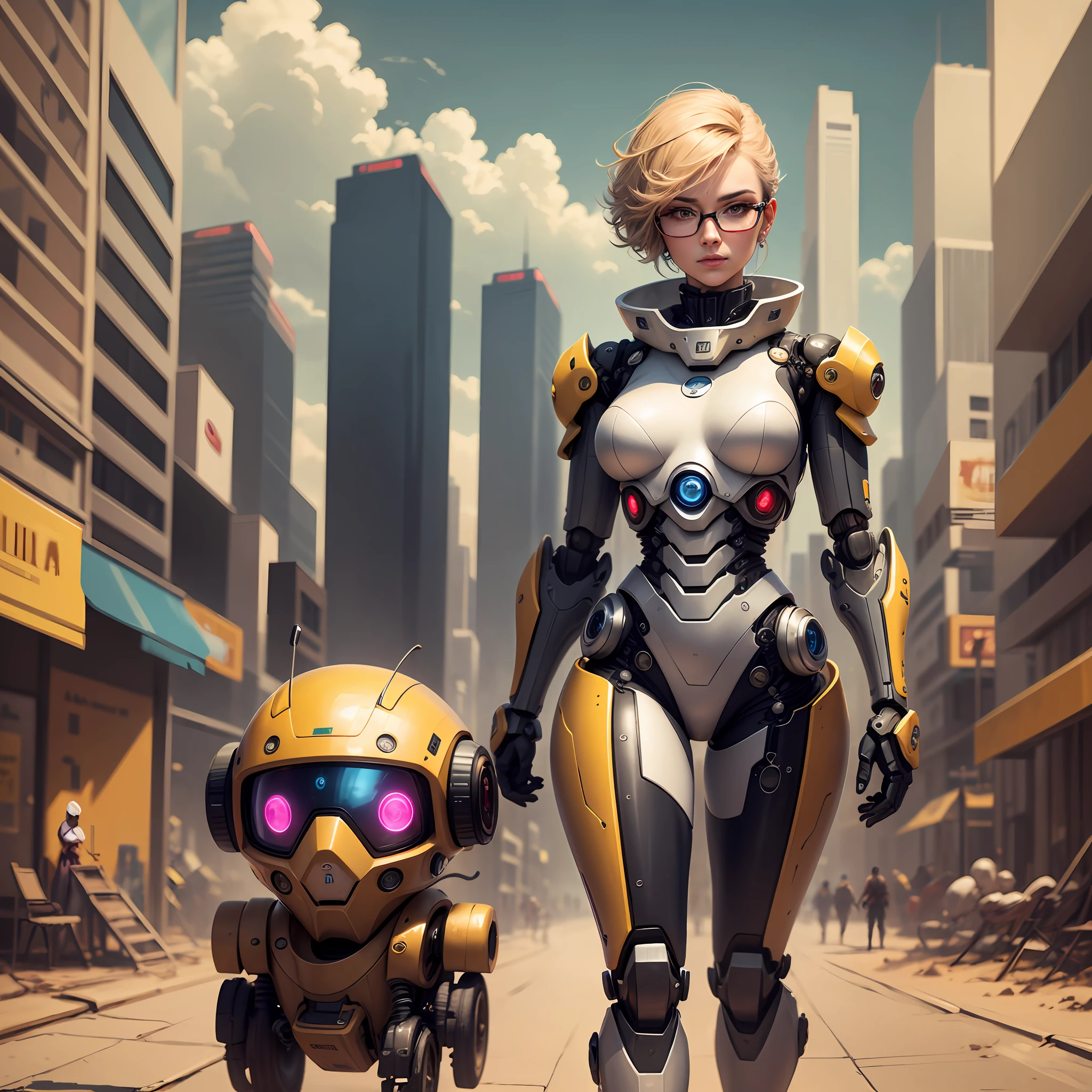 Um robo humanoide caminhando com uma mulher. The robot has state-of-the-art devices. A mulher usa trajes cyberpunk caminhando. wears glasses. The scenery is yellowish as if a sandstorm had swept all the life of the big city