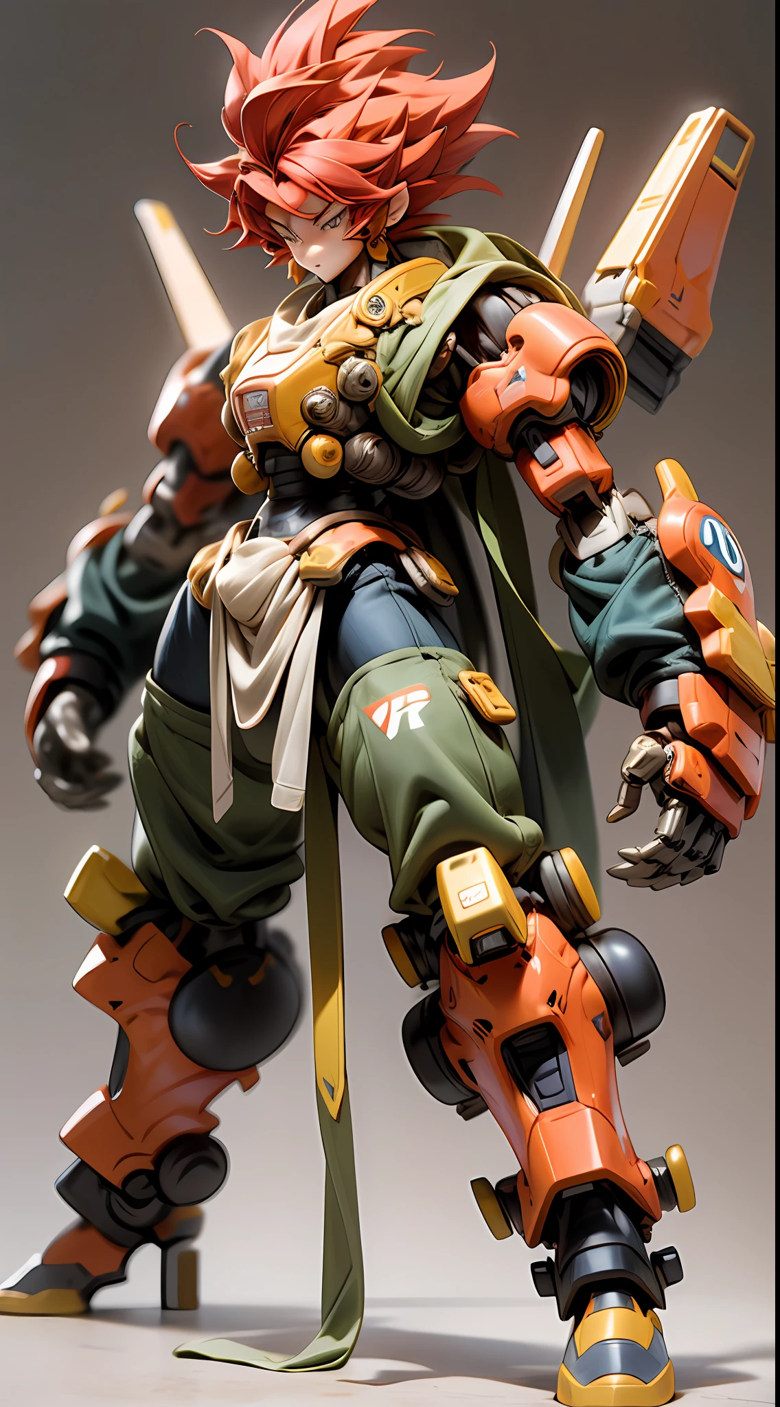 chibi，full body，A three-year-old boy mech，Mini mech，Super short body，Little dwarf，Has the head of the Monkey King，Naked，Mecha body，mecha limbs，Mecha arms，Mecha legs，SuperSaiyan，Spiked hairstyle