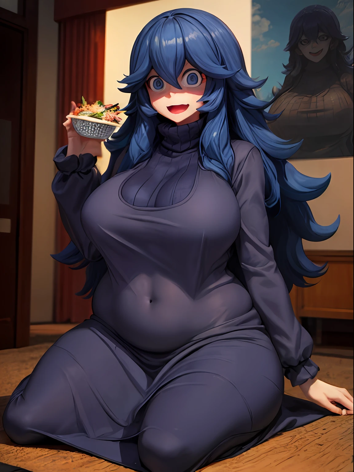 ((masterpiece:1.2)), best quality, ((extreme detail)), (official art), (ultra-detailed), anime screencap, extremely, detailed, (CG), 3d, unity model, 8k, wallpaper, hex maniac, hex maniac(pokemon), 1girl, solo, hotel, sitting, open mouth, (eating), food, (full body view), (huge breasts), wide hips, (long sleeved turtleneck sweater dress), purple clothes, taut dress, embarrassed, purple eyes, cowboy shot, crazy eyes, (shaded_face:1.3), anime, bursting breasts, wrinkles in clothes, sweat, ((plump)), flustered, (blush)