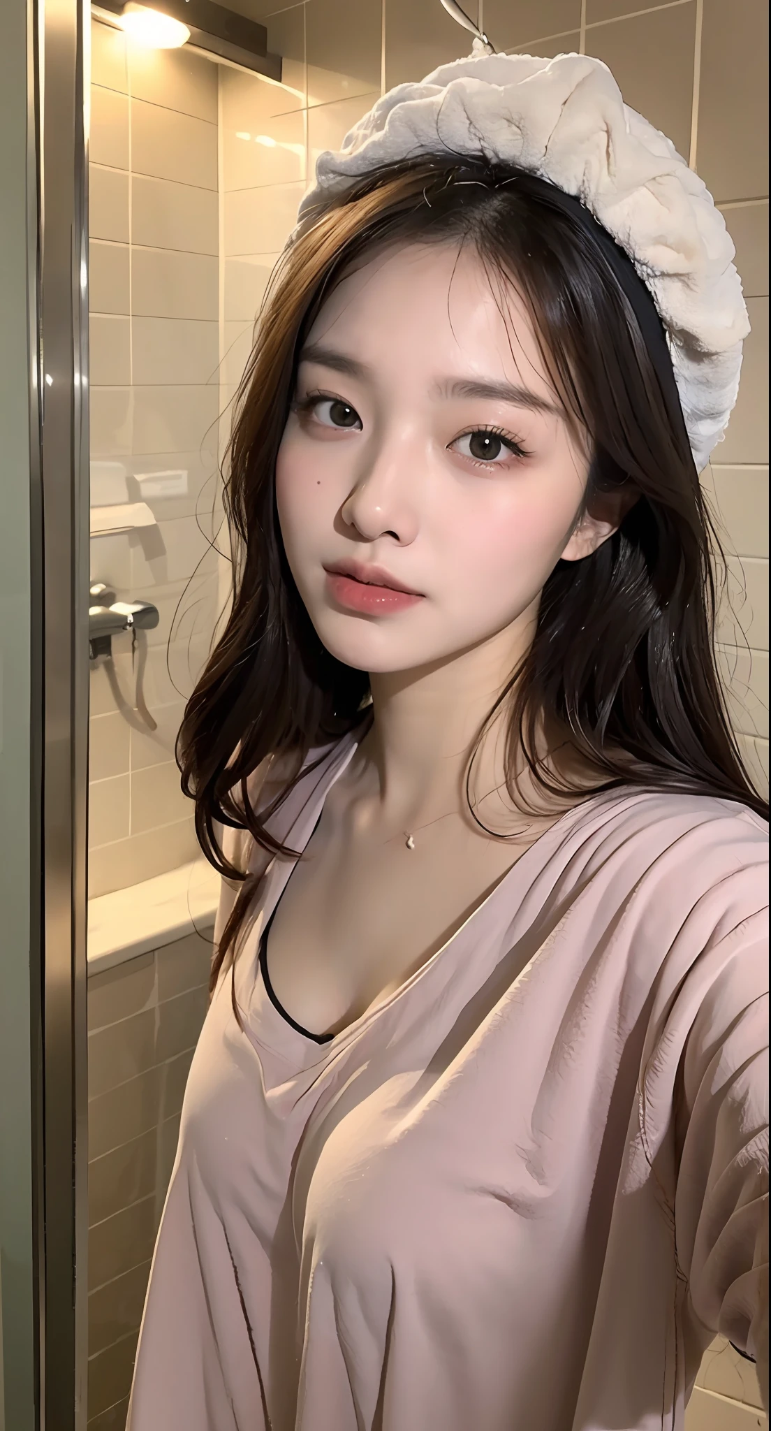 （1 Korean star of the royal sister style）,((best qulity, 8k, The Masterpiece:1.3)), Focus:1.2, perfect figure beautiful woman:1.4 , (Funny expressions),(Streets at night:1.3), Highly detailed facial and skin texture, detailed eye, Double eyelid，Whiten skin，(Air bangs:1.3),(Round face:1.5) Wearing a shower cap on his head, just after taking a shower, wearing pajamas, taking a selfie in the shower