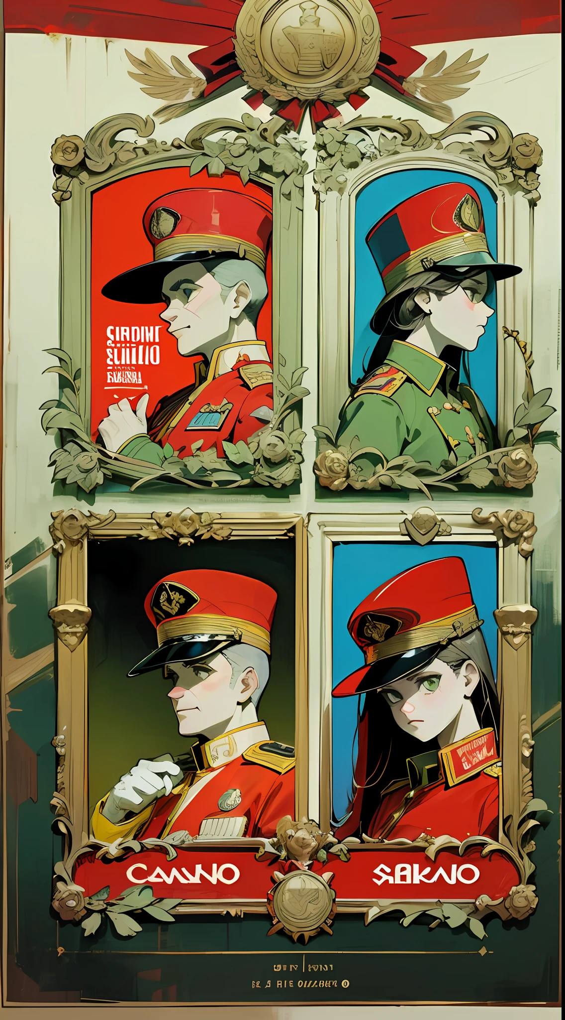 (obra maestra), (mejor calidad), (mejor detalle), (estilo vintage de los 60), (punto de vista general lejano), (sello postal),(color principal de la ilustracion: bright red), (color secundario: verde oscuro), un grupo de oficiales sovieticos en uniforme (con medallas y sobrero militar), cara muy detallada,(cartel de publicidad con titulo con grandes letras en relieve), Western 60s Stage, noche, sombreado (detallado, mucho contraste)
