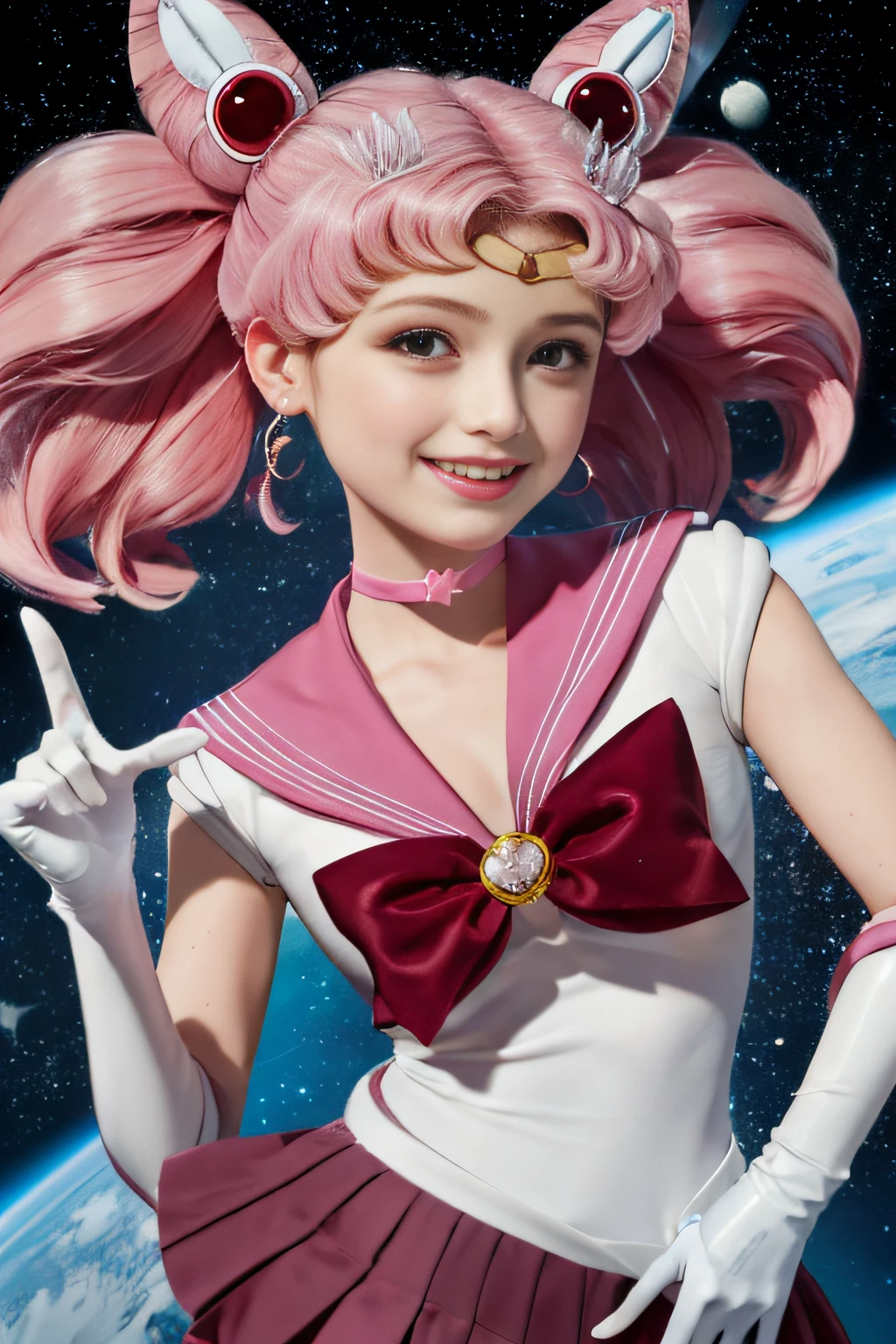 ((HD Real, SAMA1 Level)), Extreme Real, Masterpiece, Best Quality, High Definition, SAMA1, Space, Stunning Beauty, Upper Body Photography, 1 Little Girl, Chest, Gloves, Lips, Solo, Sailor Chibi Moon, Red Eyes, SM Uniform, mer1, Tiara, Sailor Senshi Uniform, (RAW photo, top quality), masterpiece, floating pink twintails, Pink sailor color, bow, choker, white gloves, pink choker, elbow gloves, jewelry, earrings, pink skirt, sole, full body, pink hair, (perfect hands): 3.8, octane rendering, goddess of the moon, (close-up: 1.2) finely detailed beautiful eyes, close-up, small eyes, look viewer, to8contrast style, Octane line art, space background, moon, light effect, pink, innocent child smile, lowered hand