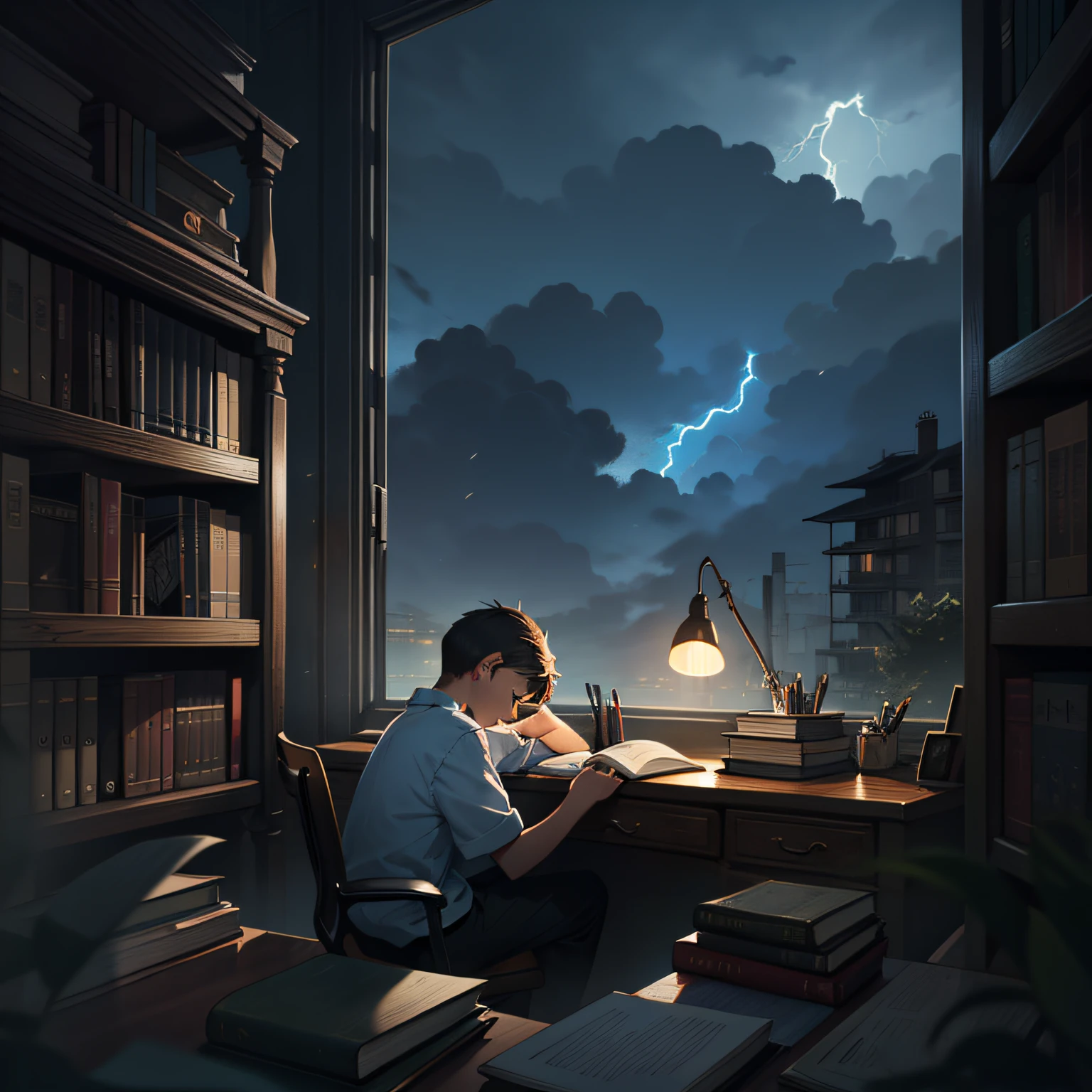 A boy sleeps by the window in the library,desks,book shelf,Outside the house, dark clouds were thick, Lightning and thunder,desk lamp,Medium view
