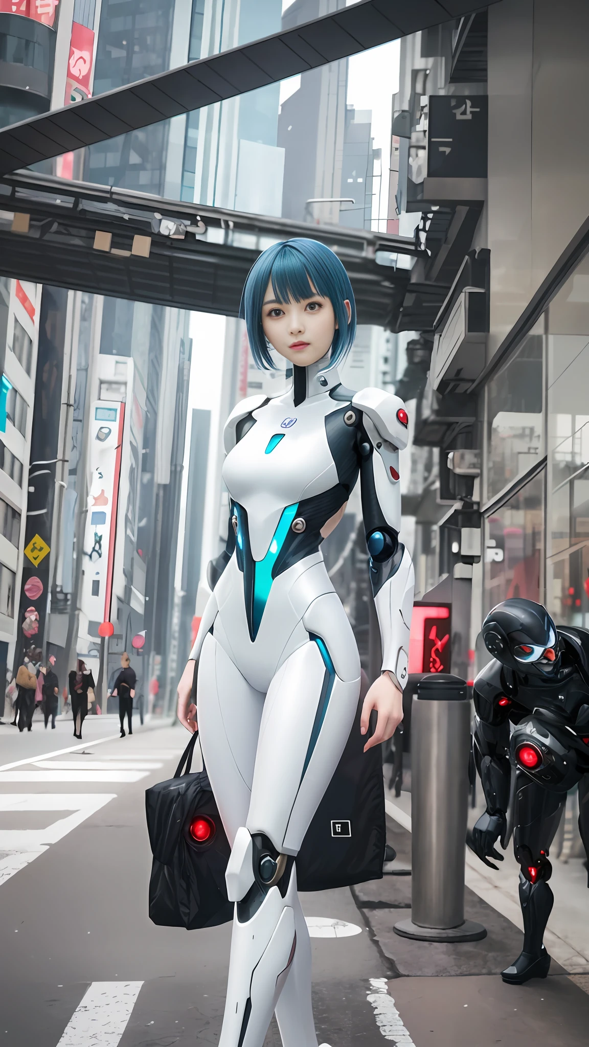 There is one wearing a white suit,Blue haired woman poses, cyber suit, perfect android girl, perfect anime cyborg woman, cyber suit, diverse cybersuits, cybersuit, styled like ghost in the shell, female cyberpunk anime girl, sci - fi suit, cyborg girl, cute cyborg girl, cyborg - girl, anime cyborg, cyberpunk anime girl mech, cyberpunk suit