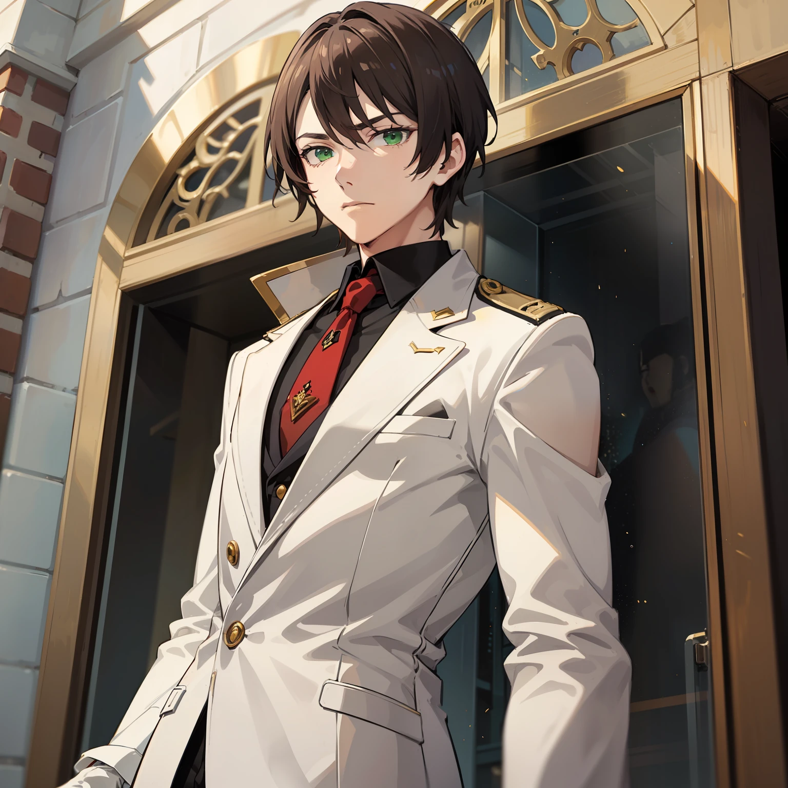 men, Villain, Quite a decent figure, ko, Pale skin, shorter hair, Light brown hair, Green eyes, Wear white gloves, Serious, anime figure