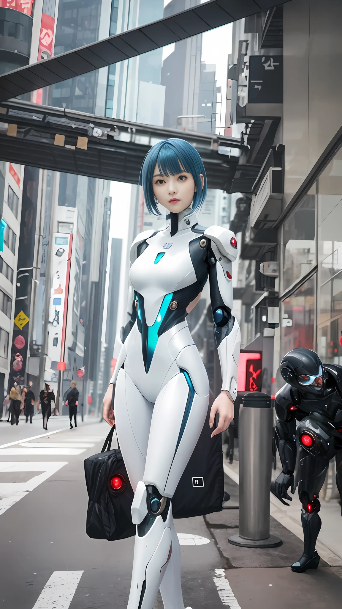 There is one wearing a white suit,Blue haired woman poses, cyber suit, perfect android girl, perfect anime cyborg woman, cyber suit, diverse cybersuits, cybersuit, styled like ghost in the shell, female cyberpunk anime girl, sci - fi suit, cyborg girl, cute cyborg girl, cyborg - girl, anime cyborg, cyberpunk anime girl mech, cyberpunk suit