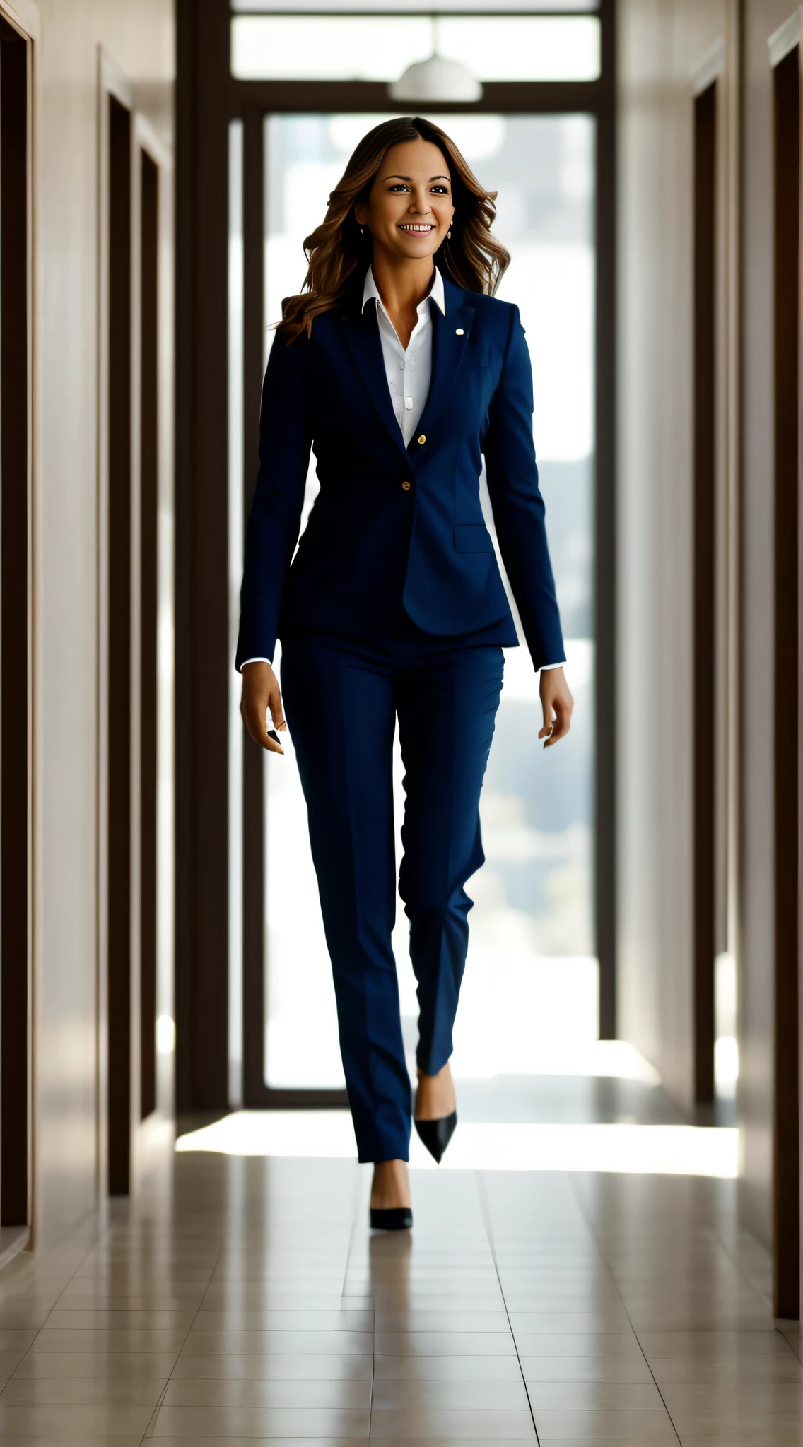 Photo of a 45-year-old woman walking in a hallway with a red briefcase in her hand, caminhando para o trabalho com uma pasta, caminhando para o trabalho, caminhando para a frente, Directed by: Kurt Roesch, uma mulher andando, Directed by: John Murdoch, female in office dress, woman in business suit, imagem promocional, in an office, walking towards the camera, candid photograph, walking towards the camera
