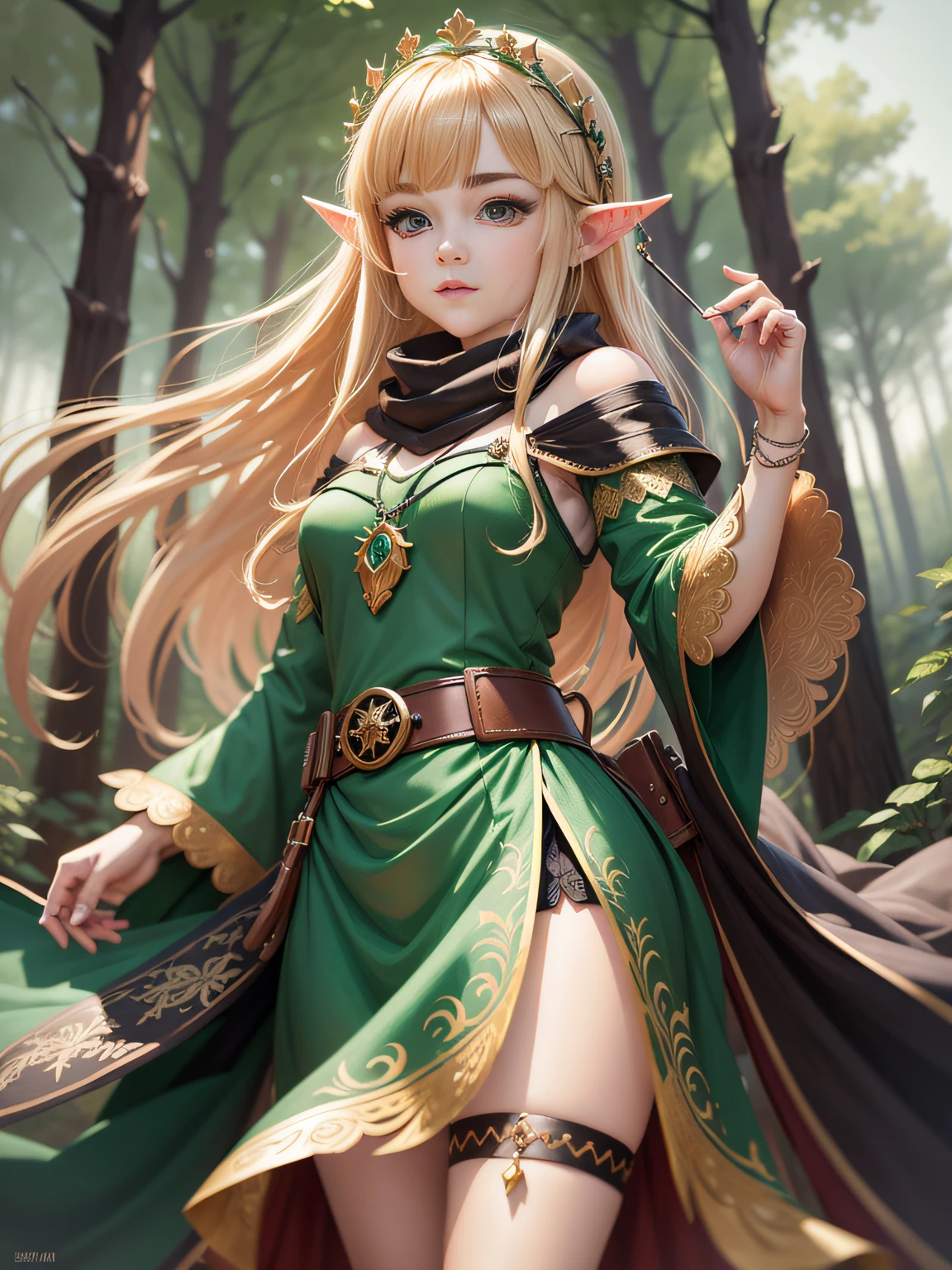 uma pequena elfa corp interio, grama, campo, flor, cabelo vermelho, with red hair with a braid in the hair and green eyes, Princesa elfa, Keyleth, Princesa elfa,, elven character with smirk, side portrait of elven royalty, female elfling, Menina Rio Princesa, elfo princesa cavaleiro, Ela tem orelhas de elfo e olhos dourados, Elfo feminino