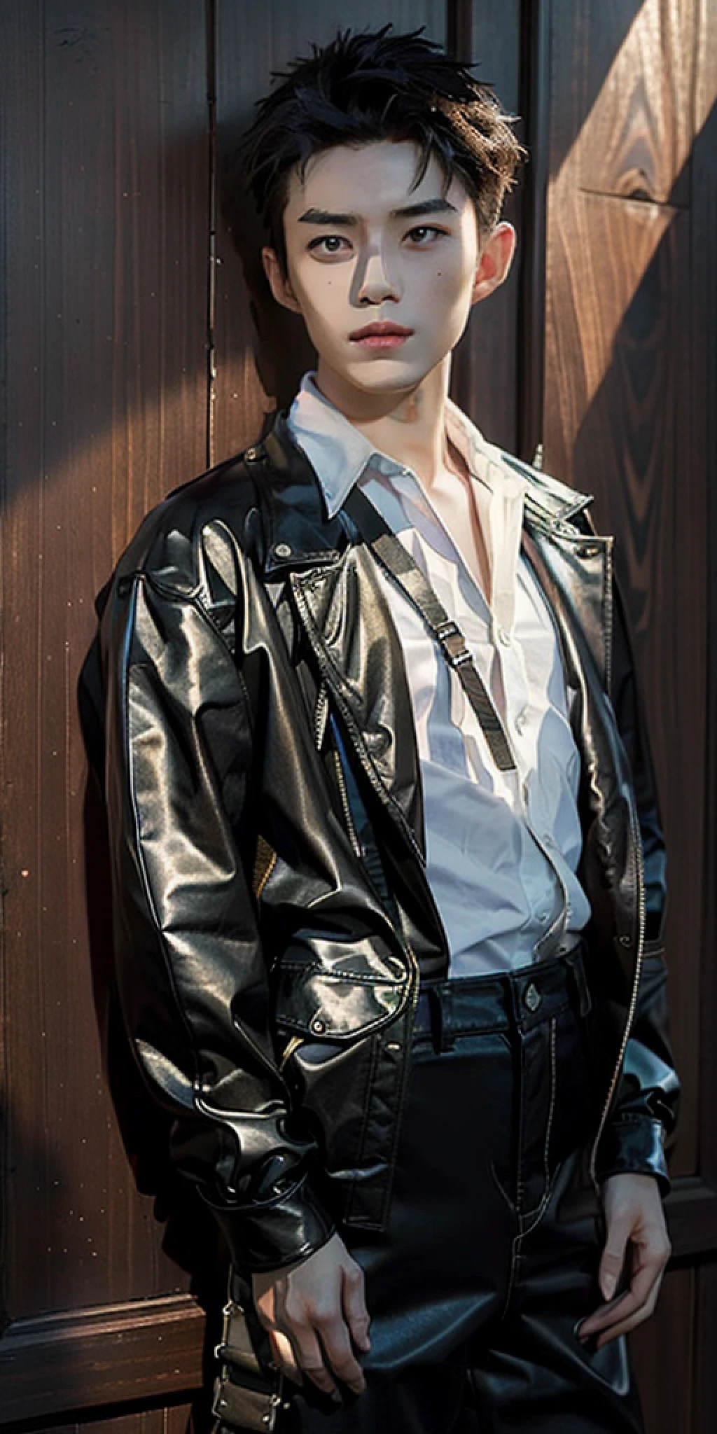 male child, (The Masterpiece), Beautiful body, Models, Detailed face, Detailed skin, front facing,nuda,Suspenders, Unscale, Super detailed drawing, Luminism, complicated, Art germ, Silver Claw, Magical Boy, Naoko Takeuchi, Leather pants, Studded stylish strap waistband
