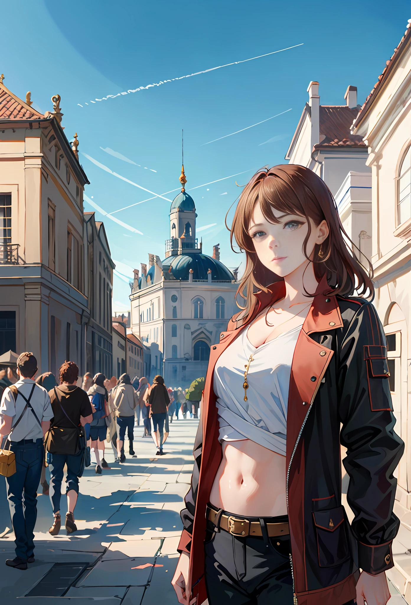 Model shooting style, (extremely detailed CG Unity 8k wallpaper), half-shot body photo of the most beautiful artwork in the world, stunning beautiful photo realistic available, super realistic super detailed photo, a beautiful girl as a female dancer,banquet, crowd, [slight smile],(Chateau de Versailles, Pisa Baptistery Of St. John background, Flowers,navel,crowd),(princess eyes, shining pupils),detailed symmetrical beautiful hazel eyes, detailed gorgeous face, highly detailed, Vibrant, professional majestic oil painting by Ed Blinkey, Atey Ghailan, Studio Ghibli, Jeremy Mann, Greg Manchess, Antonio Moro, ArtStation Trends, CGSociety Trends, Complex, High Detail, Sharp Focus, Dramatic, Realistic Painting Art, by Midjourney and Greg Written by Rutkowski