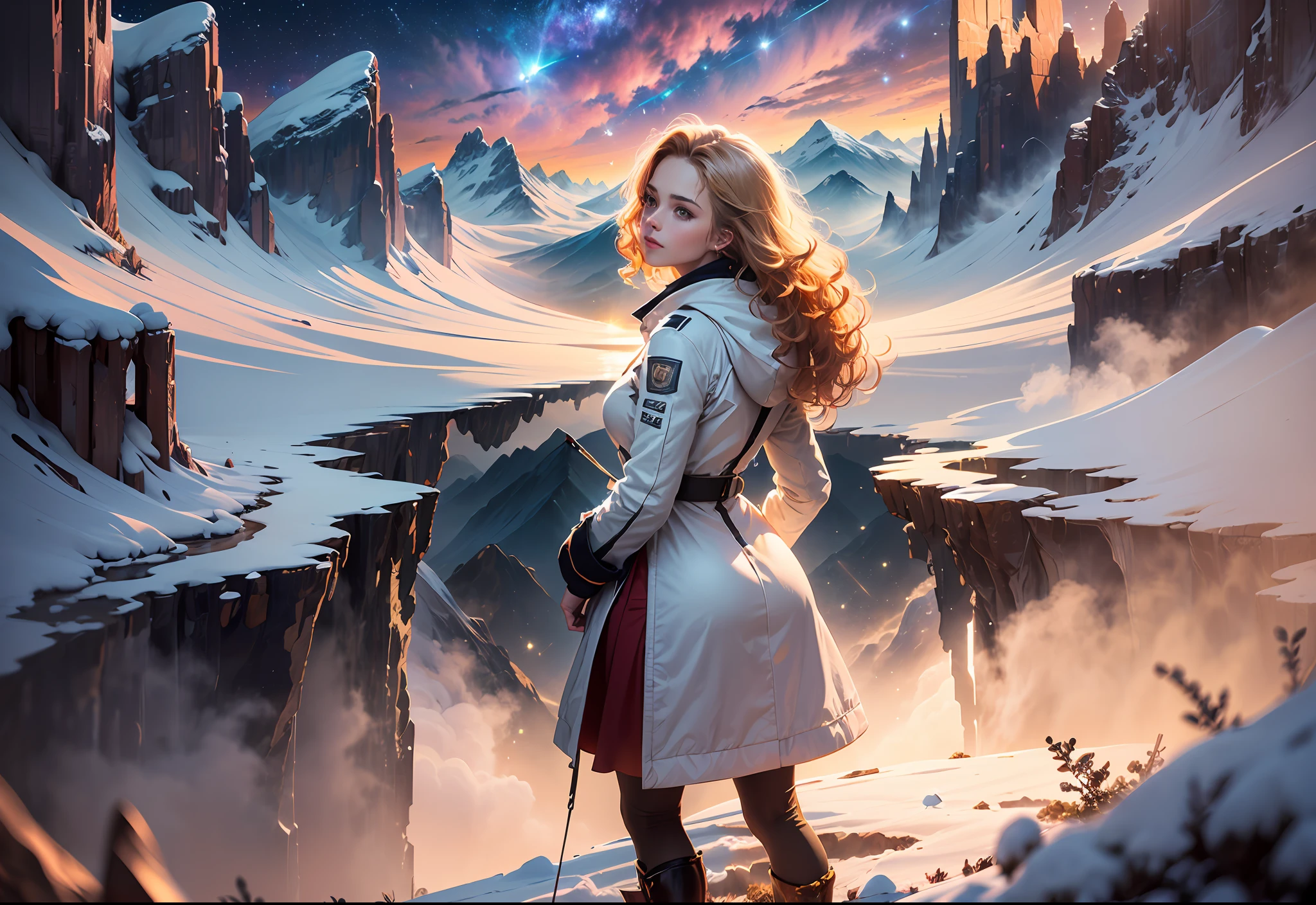 (award winning 64k concept art:1.3) of (young woman looking up standing over the valley:1.2), close to camera,  in white coat, sweet, front, epic, god rays, (masterpiece:1.4), (best quality:1.4), Amazing, highly detailed, beautiful, finely detailed, warm soft color grading, (Depth of field:1.4), extremely detailed 64k, fine art, (valley in the background), stunning, (light reflections:1.2), (crisp:1.6), gold short curls, winter, vibrant, starry sky, (edge detection:1.4), absurdres, impressive, 120mm, extremely clear, lens flare, motion lines, symmetrical clothes, wide shot, wide angle