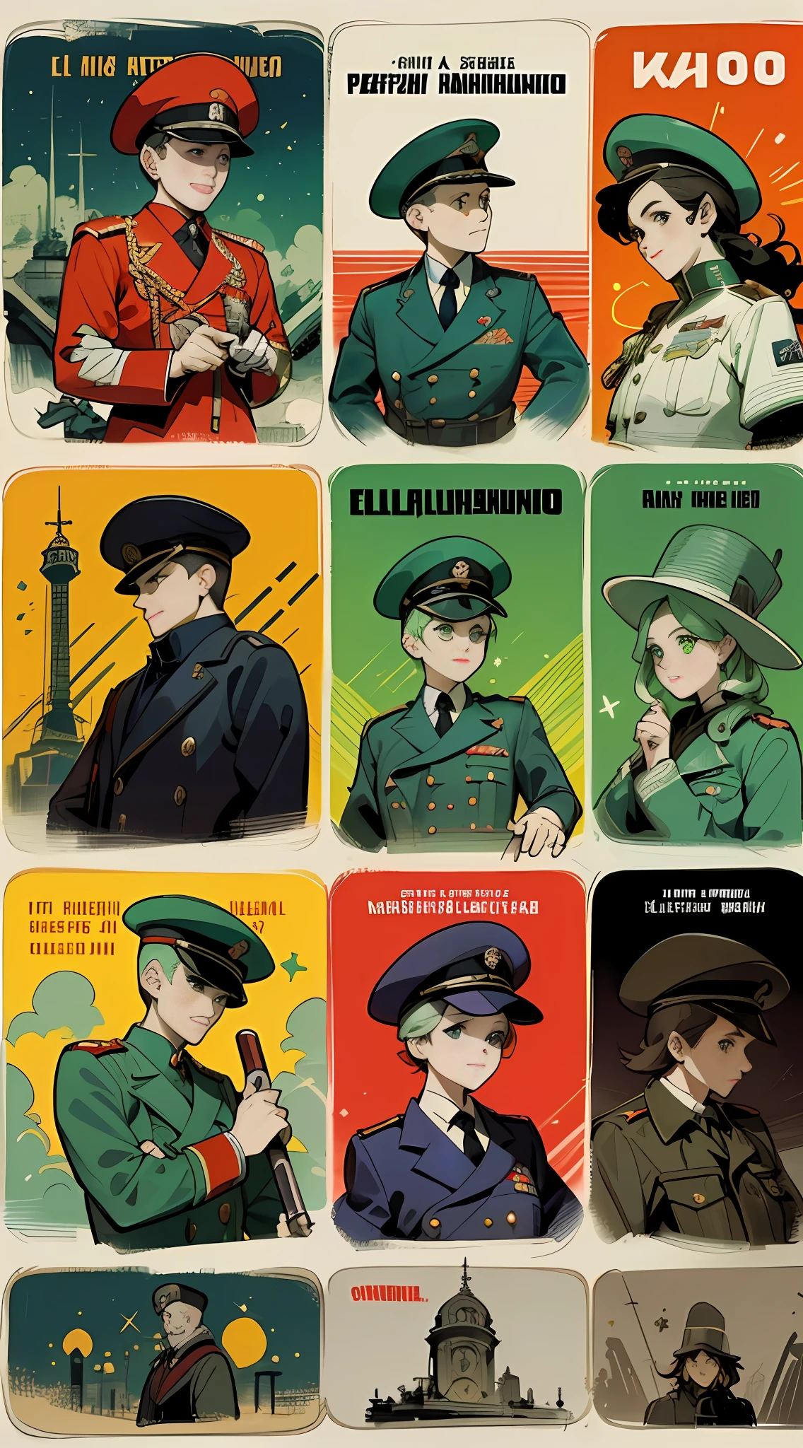(obra maestra), (mejor calidad), (mejor detalle), (estilo vintage de los 60), (punto de vista general lejano), (sello postal),(color principal de la ilustracion: bright red), (color secundario: verde oscuro), un grupo de oficiales sovieticos en uniforme (con medallas y sobrero militar), cara muy detallada,(cartel de publicidad con titulo con grandes letras en relieve), Western 60s Stage, noche, sombreado (detallado, mucho contraste)