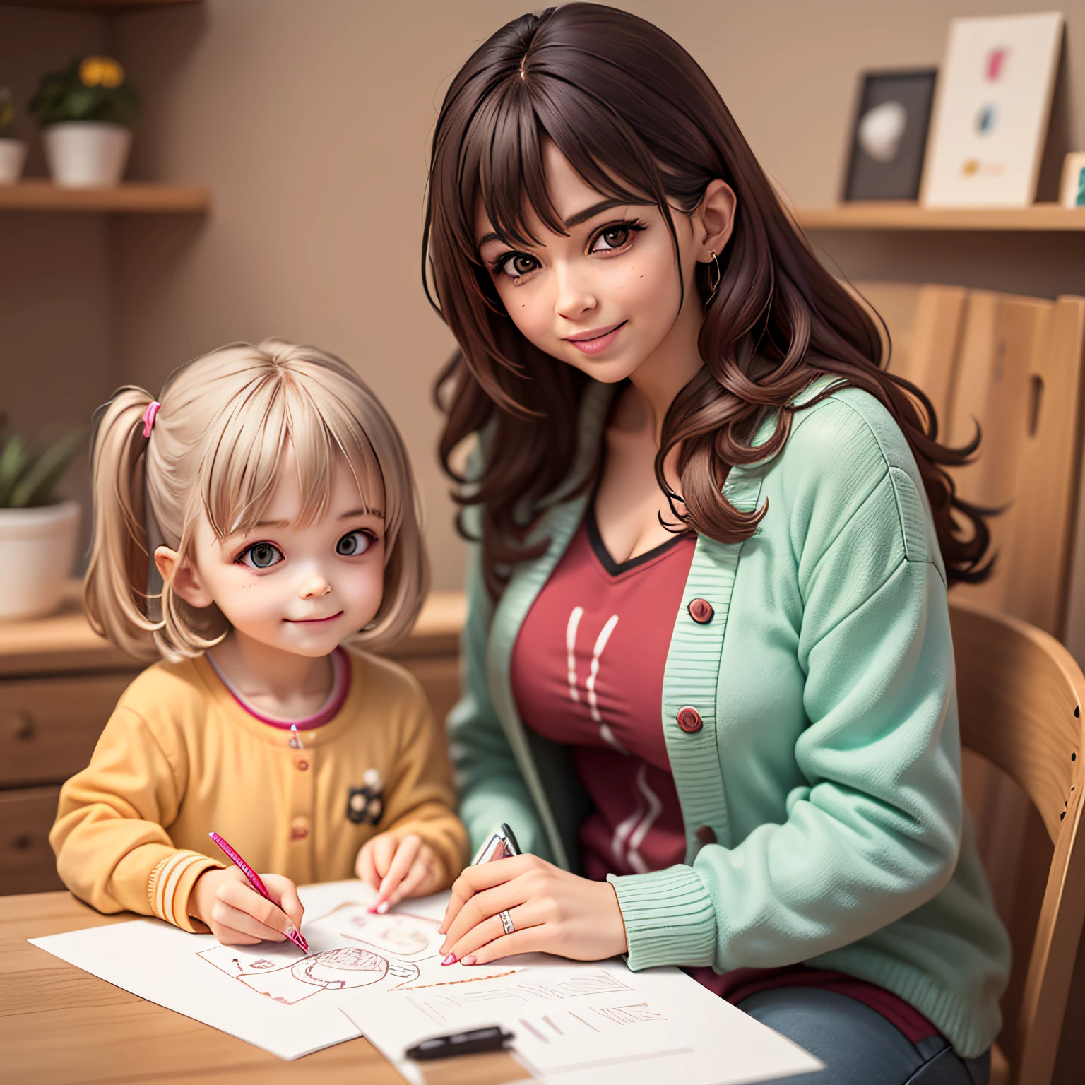 The image shows a mother and young daughter, com cabelos curtos e olhos brilhantes, Standing next to a wooden table. They're leaning over the table, holding several colored pens in your hands. The girl is smiling as she colors a picture on paper. the mother watches the child.