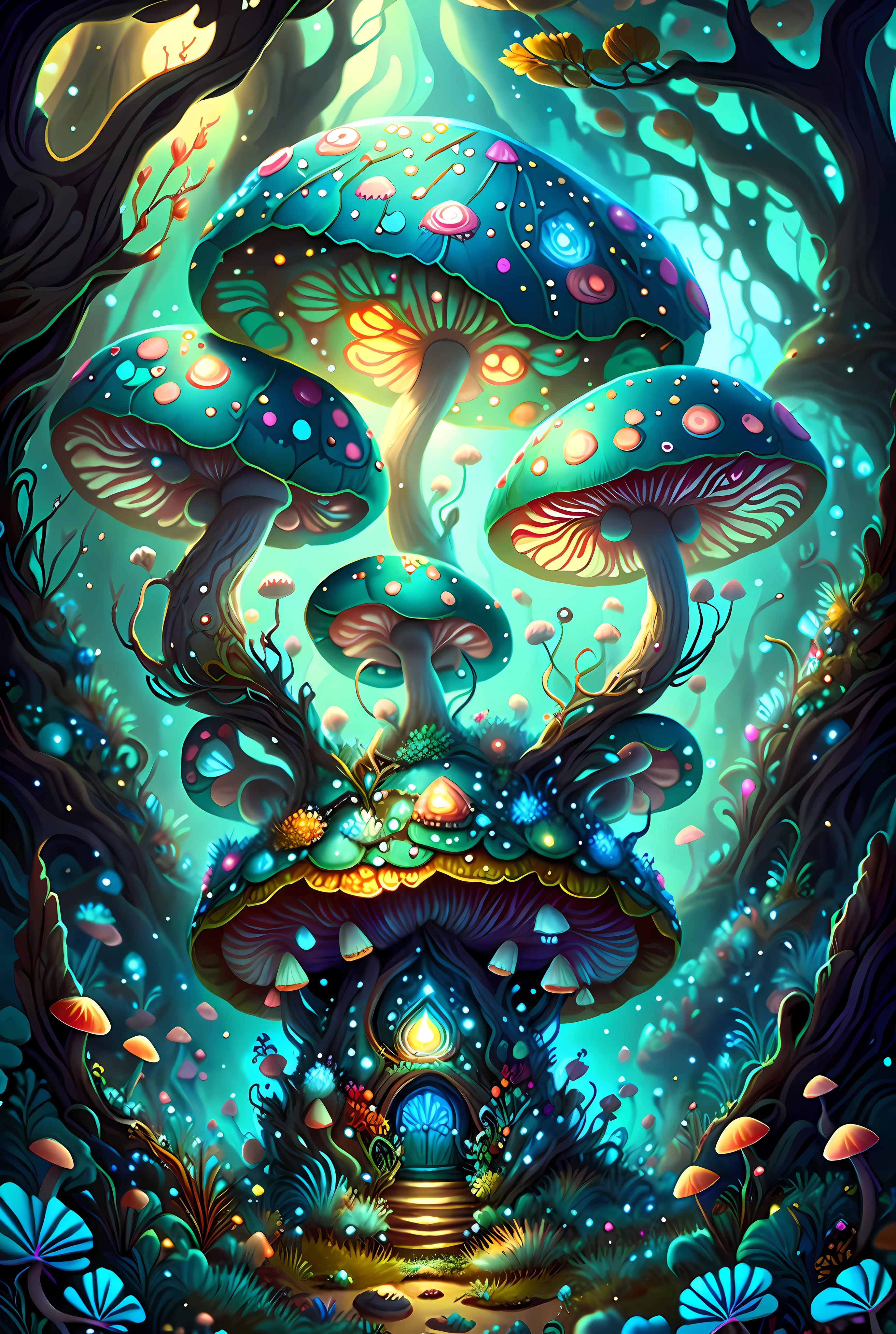 there is a painting of a fantasy mushroom forest with a dragon, detailed digital 2d fantasy art, detailed fantasy digital art, Arte digital 4K altamente detallado, digital 2d fantasy art, hongos azules brillantes, psychedelic mushrooms dream, Ilustraciones de fondo, Arte digital detallado 4K, magic mushrooms, Hongos azules brillantes en el fango, magic mushroom, Bosque de hongos, colorfull digital fantasy art