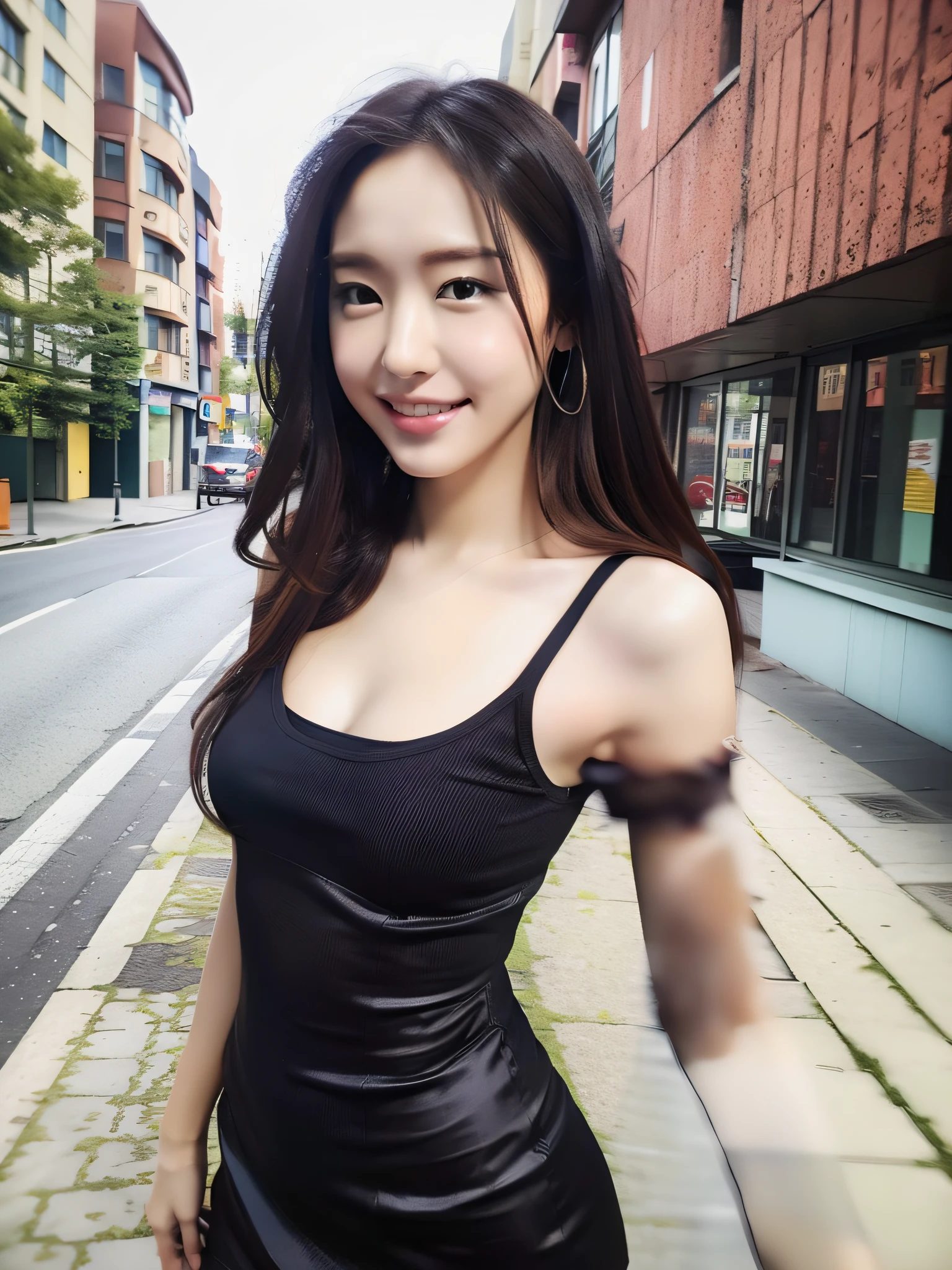 (8K、Raw photography、highest quallity、A masterpie:1.2)、(Realstic、photorealestic:1.37)、Ultra Verbose、ultra-highres、The girls1people、see the beholder、Beautiful detailed face、Sorrisos、Constriction、(Slim waist) :1.3)、shirts、Beautiful detailed skin、Skin texture、Floating hair、Professional lighting、Tight miniskirts、underware、In the street、
