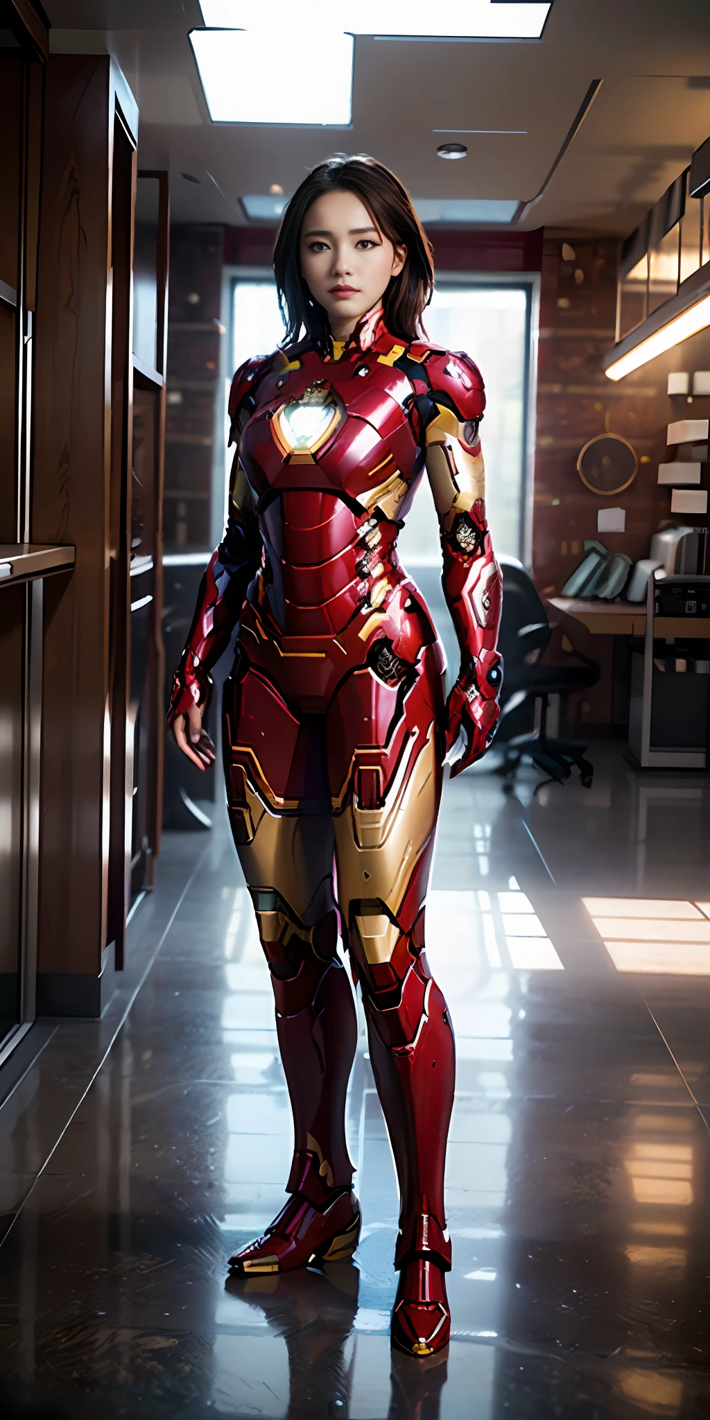 RAW, masterpiece, ultra fine photography,, top quality, ultra high definition, photorealistic, sunlight, full body portrait, stunningly beautiful, combat pose, delicate face, vivid eyes, (front view,full body), she wears a futuristic Iron Man mecha, red and yellow and green color scheme, (Iron Man destroyed on the floor), detailed face, detailed and complex busy background, messy and gorgeous, rich plump breasts, High Detail Skin, Realistic Skin Details, Visible Pore, Sharp Focus, Volumetric Fog, 8K UHD, DSLR Camera, High Quality, Film Grain, Fair Skin, Photorealism, Lomography, View from Below, Translucent
