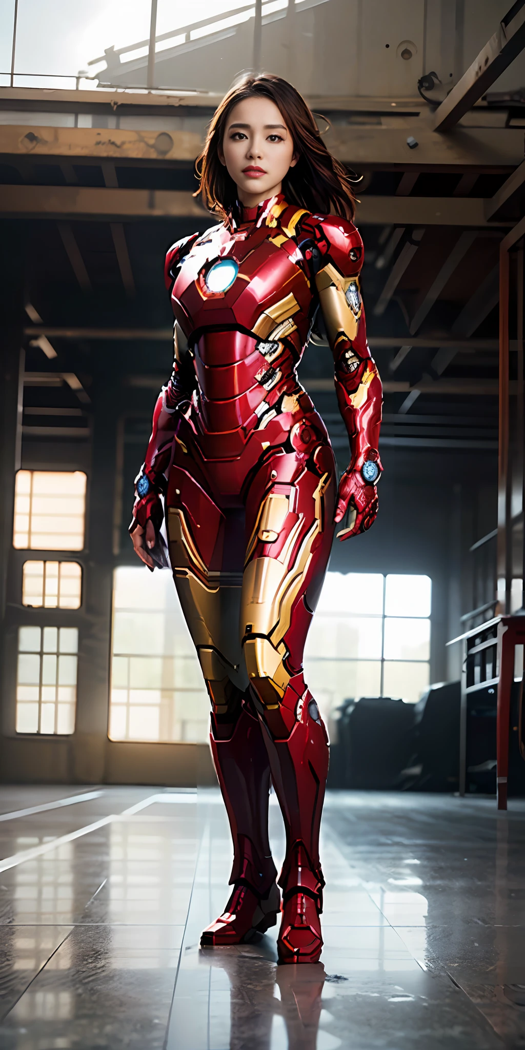 RAW, masterpiece, ultra fine photography,, top quality, ultra high definition, photorealistic, sunlight, full body portrait, stunningly beautiful, combat pose, delicate face, vivid eyes, (front view,full body), she wears a futuristic Iron Man mecha, red and yellow and green color scheme, (Iron Man destroyed on the floor), detailed face, detailed and complex busy background, messy and gorgeous, rich plump breasts, High Detail Skin, Realistic Skin Details, Visible Pore, Sharp Focus, Volumetric Fog, 8K UHD, DSLR Camera, High Quality, Film Grain, Fair Skin, Photorealism, Lomography, View from Below, Translucent