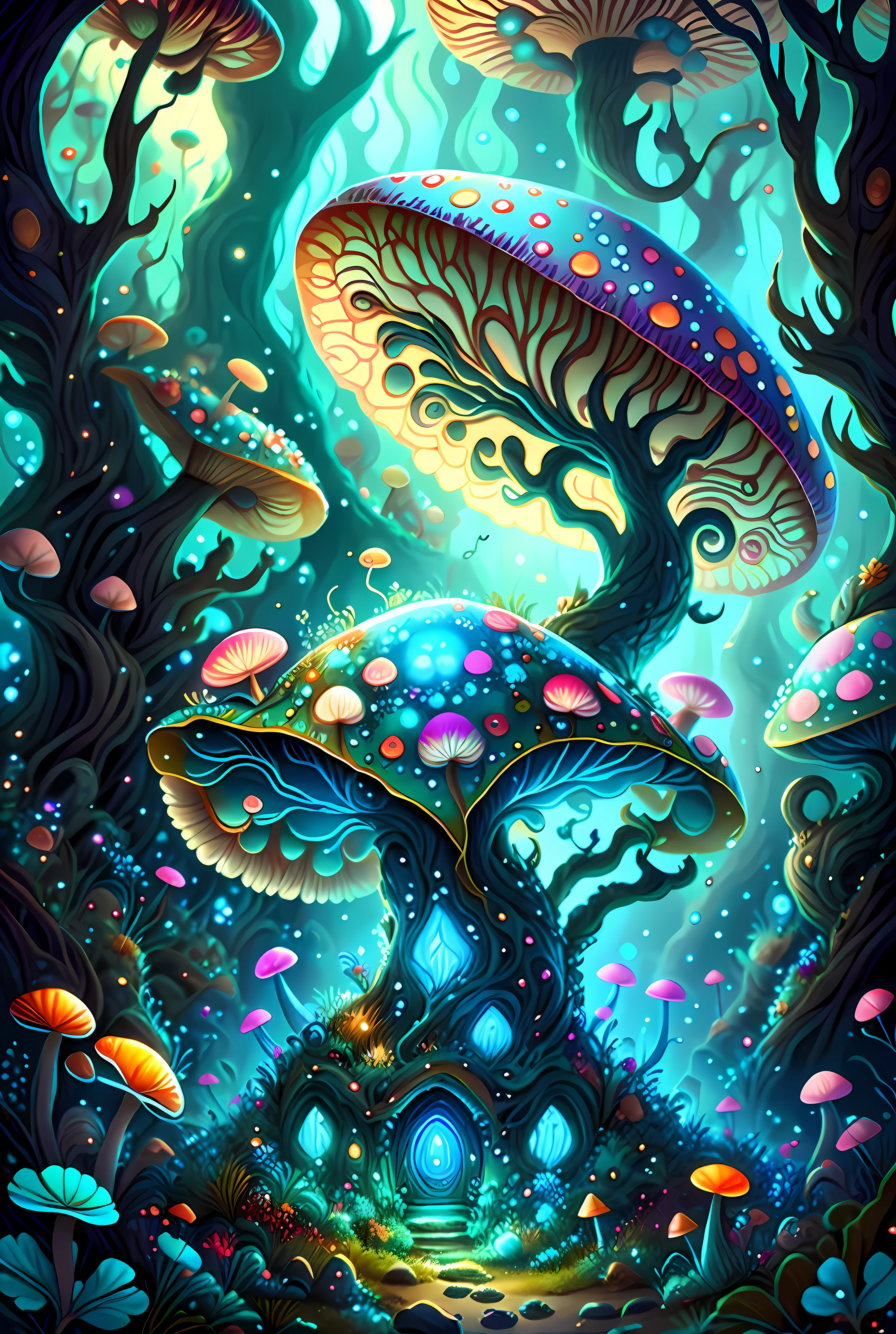 there is a painting of a fantasy mushroom forest with a dragon, detailed digital 2d fantasy art, detailed fantasy digital art, Arte digital 4K altamente detallado, digital 2d fantasy art, hongos azules brillantes, psychedelic mushrooms dream, Ilustraciones de fondo, Arte digital detallado 4K, magic mushrooms, Hongos azules brillantes en el fango, magic mushroom, Bosque de hongos, colorfull digital fantasy art