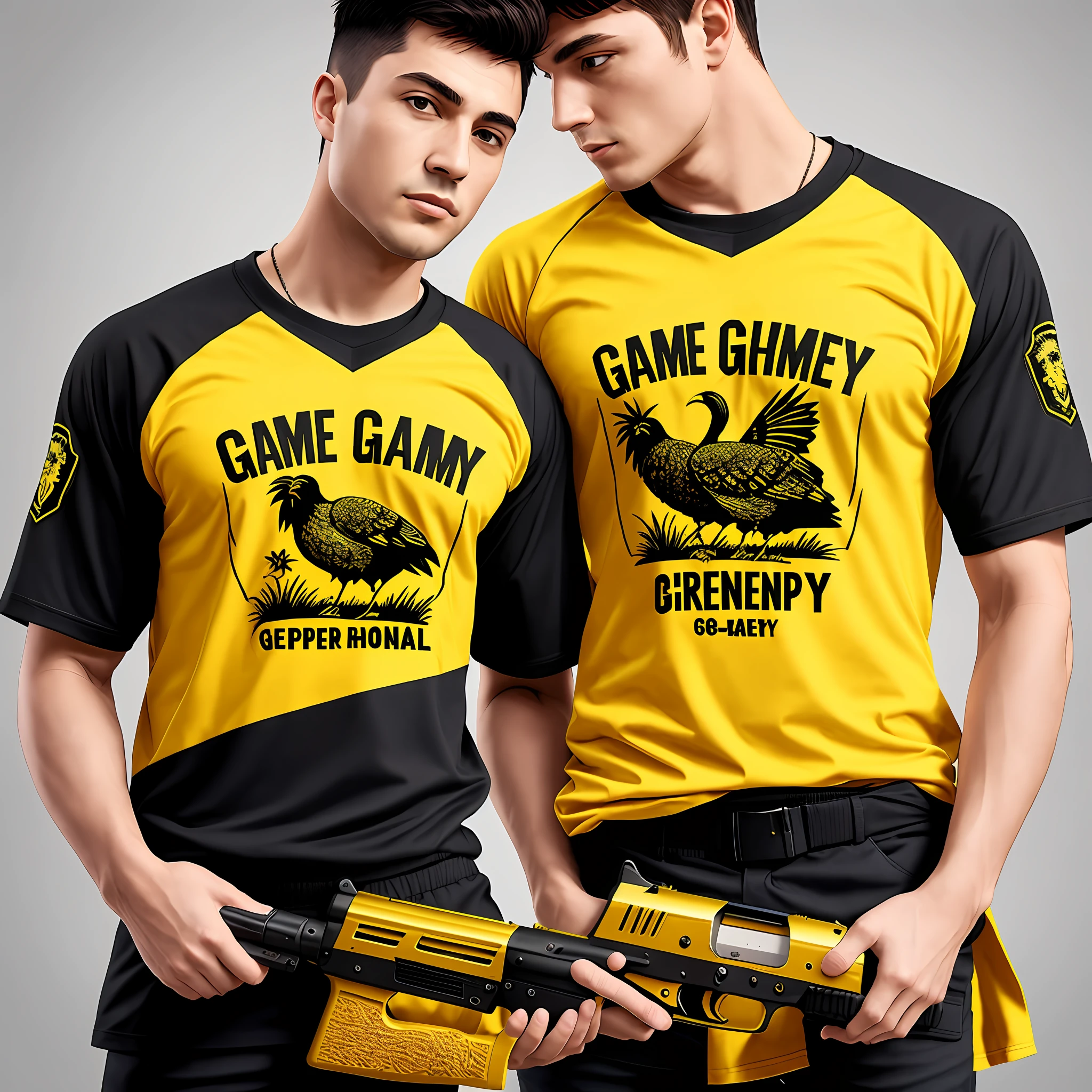 Yellow t-shirt, no collar, 2 front and back, 2 left and right sides, Game shirt, Game Gunny, With Gunny Chicken character, using grenade gun, brick roller gun, personality design, super realistic, no people  template, shirt illustration, black and gold shirt, happy birthday, 14 years.