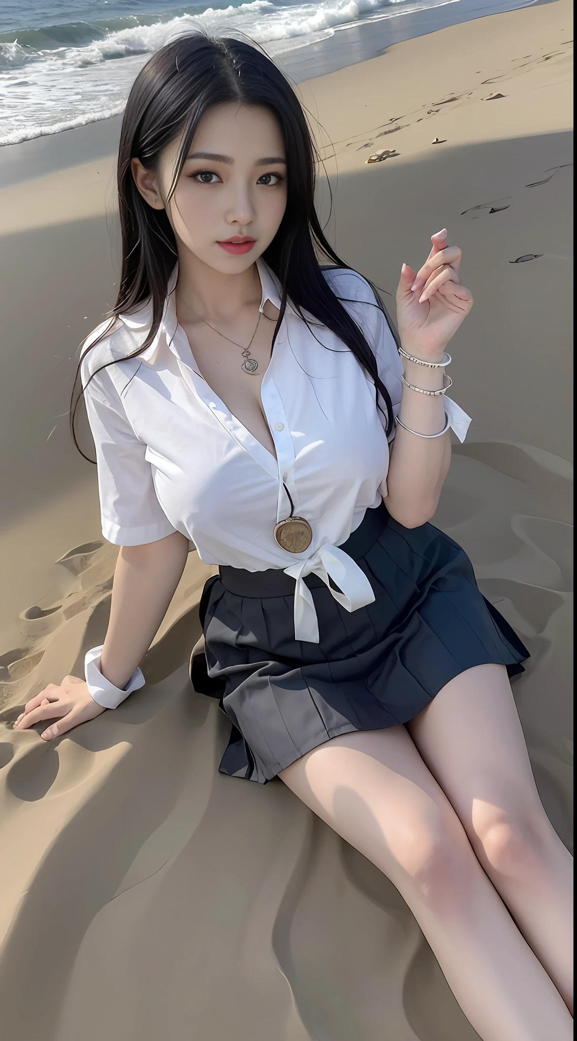 Ultra HDR，ultra-details，full full body，Lifelike， 8K high resolution，1garl， Flowing black hair，  Dark eyes， a school uniform， short  miko skirt，largebreasts， thin waists，thights，Wear a pendant，on the sand，Very detailed face and skin，Detailed eyes，Double eyelid