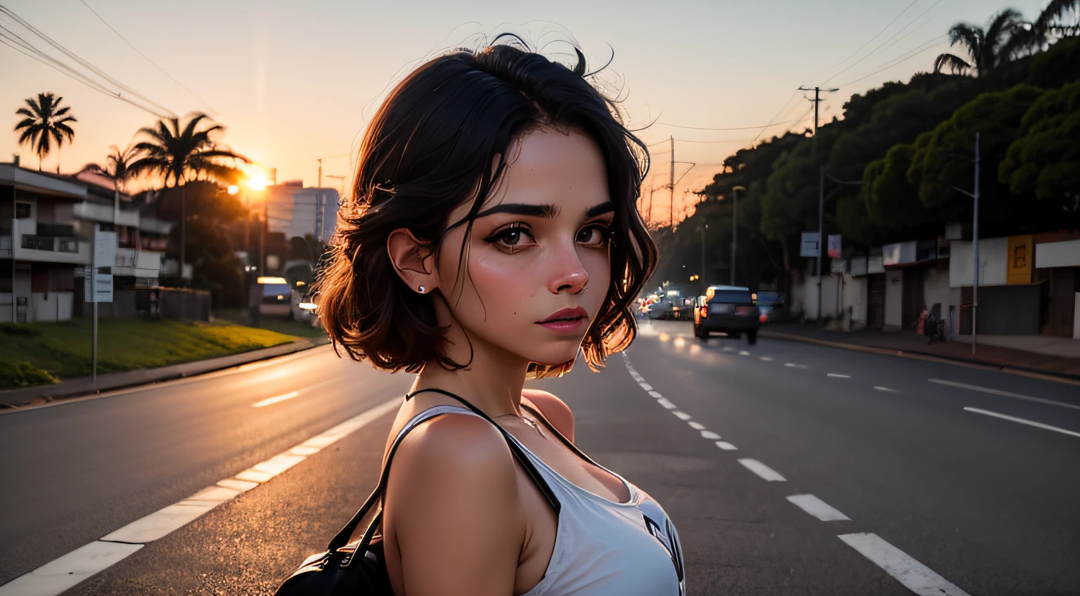 mulher olhando para a direita com por do sol de fundo --auto