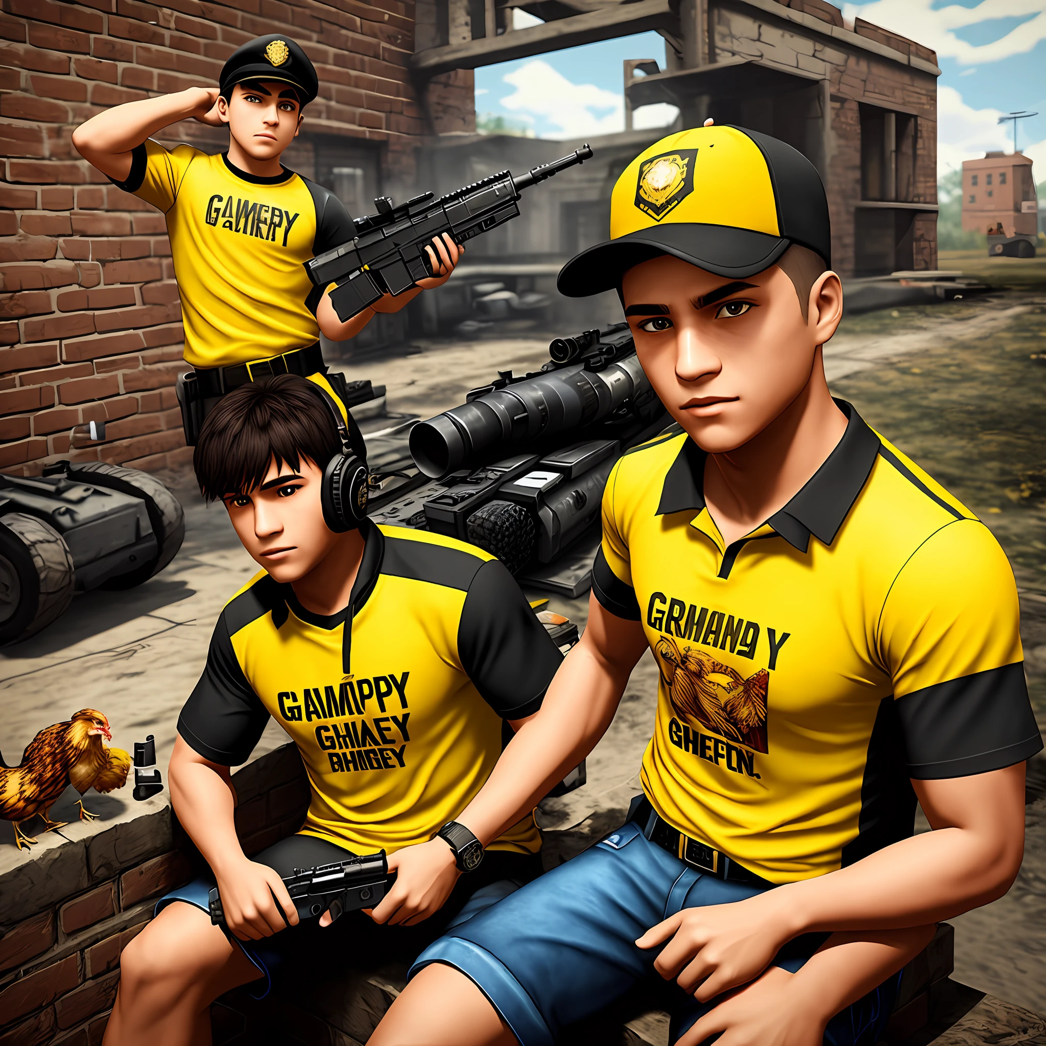 Yellow t-shirt, collarless, Game Shirt, Game Gunny, With Gunny Chicken character, using grenades, brick guns, Personality, Black and gold, happy birthday, 14 years.  The scene behind is the game battlefield