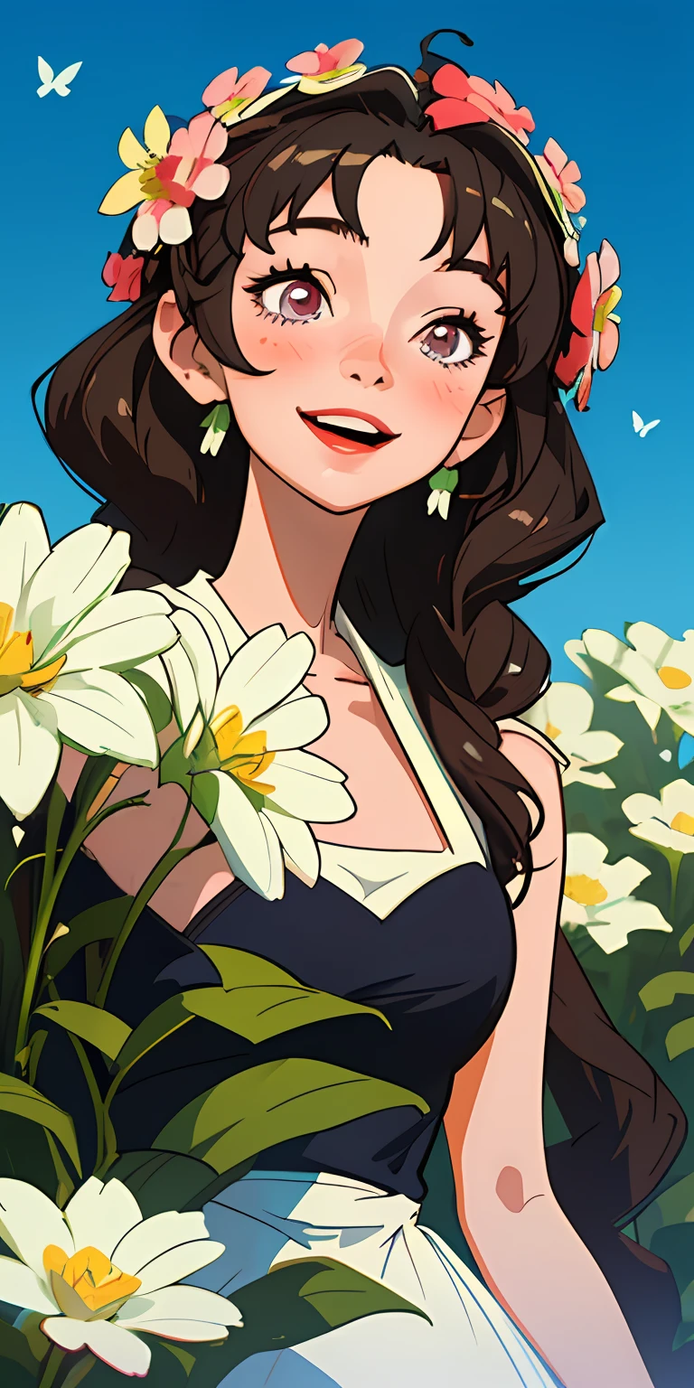 Painting of a woman with a garland on her head, aesthetic cute with flutter, European and American cartoons, dark-haired, no outline, long way hair,with long curly hair, garland,She was surrounded by two butterflies,A clear sky,Smile with,big laughter,withe dress,Blush face,A bunch of flowers is worn on the head