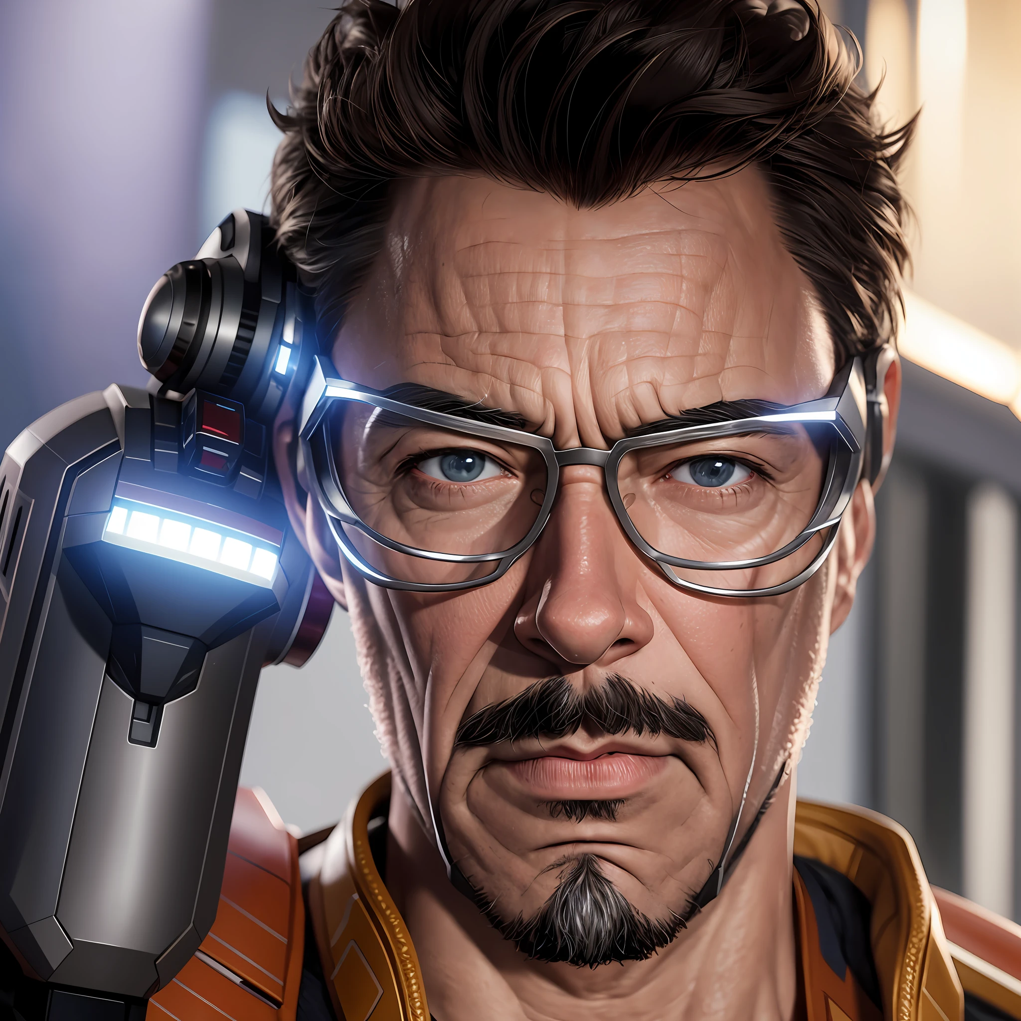 Marvel, Old man Tony Stark, realistically, dynamic lights, old, gray stubble, full shoot, (extremely detailed CG unity 8k wallpaper), trending on ArtStation, trending on CGSociety, High Detail, Sharp focus, dramatic, photorealistic, change shirt style