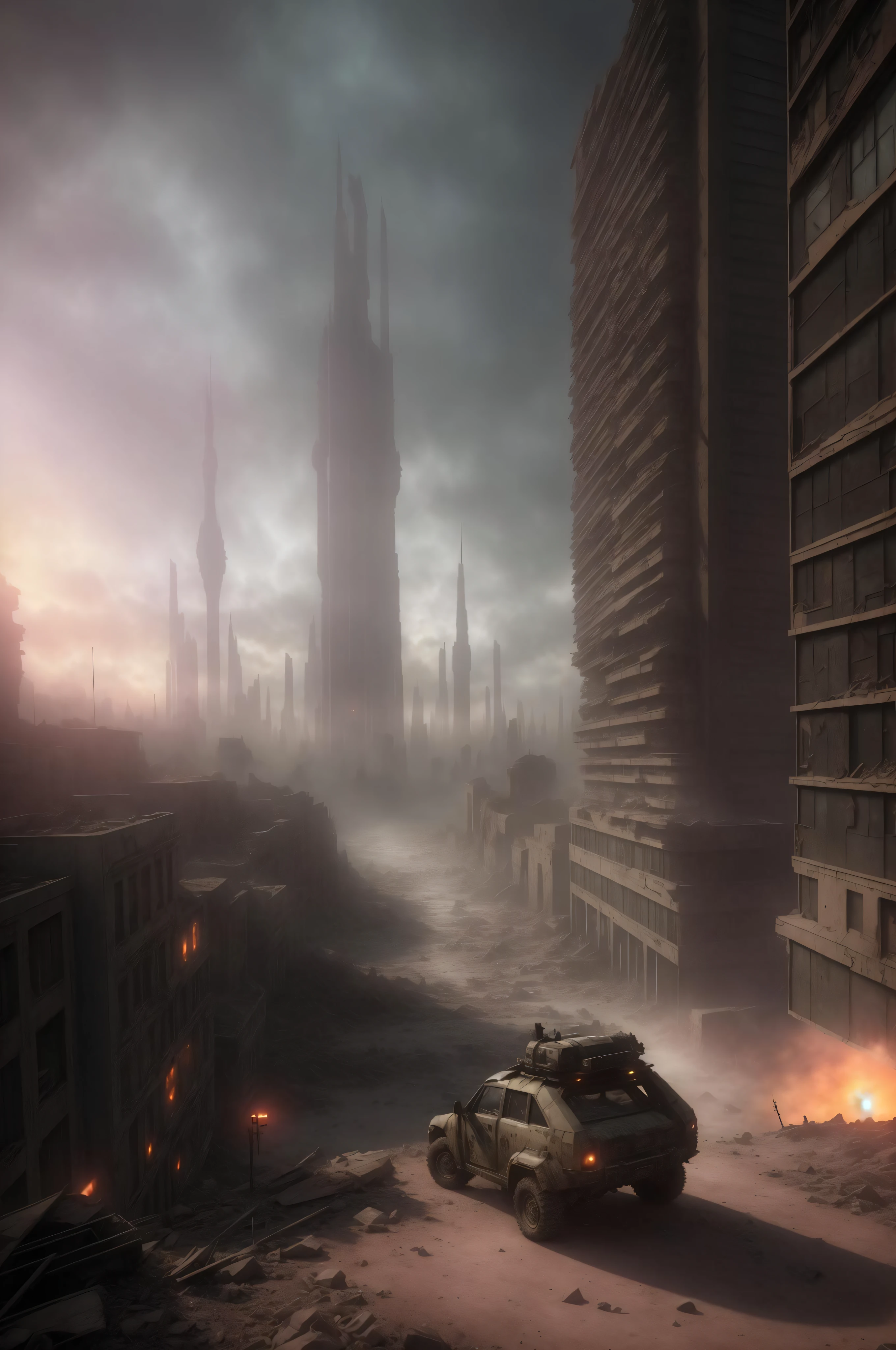 end of the world, epic realistic, (hdr:1.4), (muted colors:1.4), apocalypse, freezing, abandoned, neutral colors, night, screen space refractions, (intricate details), (intricate details, hyperdetailed:1.2), artstation, cinematic shot, vignette, complex background, buildings, ultra realistic render of a scifi vehicle, close up, ruined city in background