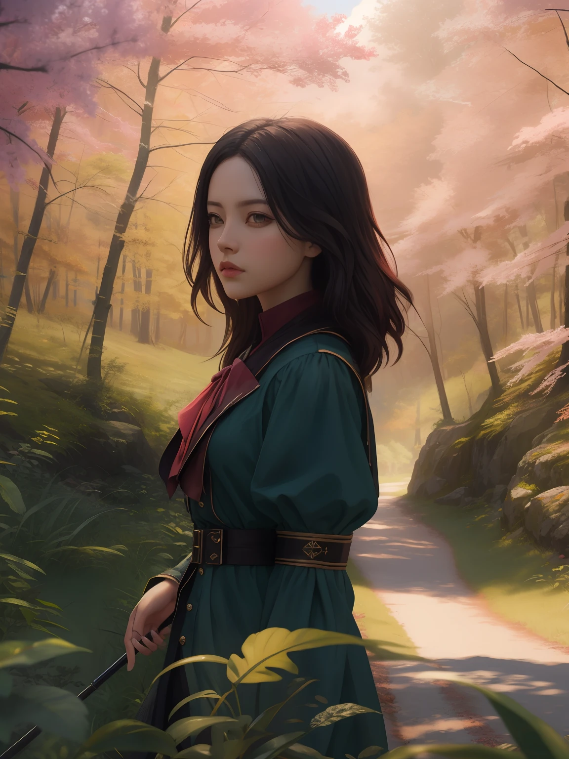 ChromaV5, nvinkpunk,(extremely detailed CG unity 8k wallpaper), An Landscape of a majestic forest surrounded by lush pink foliage, award winning photography, Chromatic Aberration, Detailed , HDR, Bloom,majestic oil painting by , Thomas Cole, Frederic Church, and Albert Bierstadt ,trending on artstation, trending on CGsociety, Intricate, High Detail, dramatic, art by midjourney
