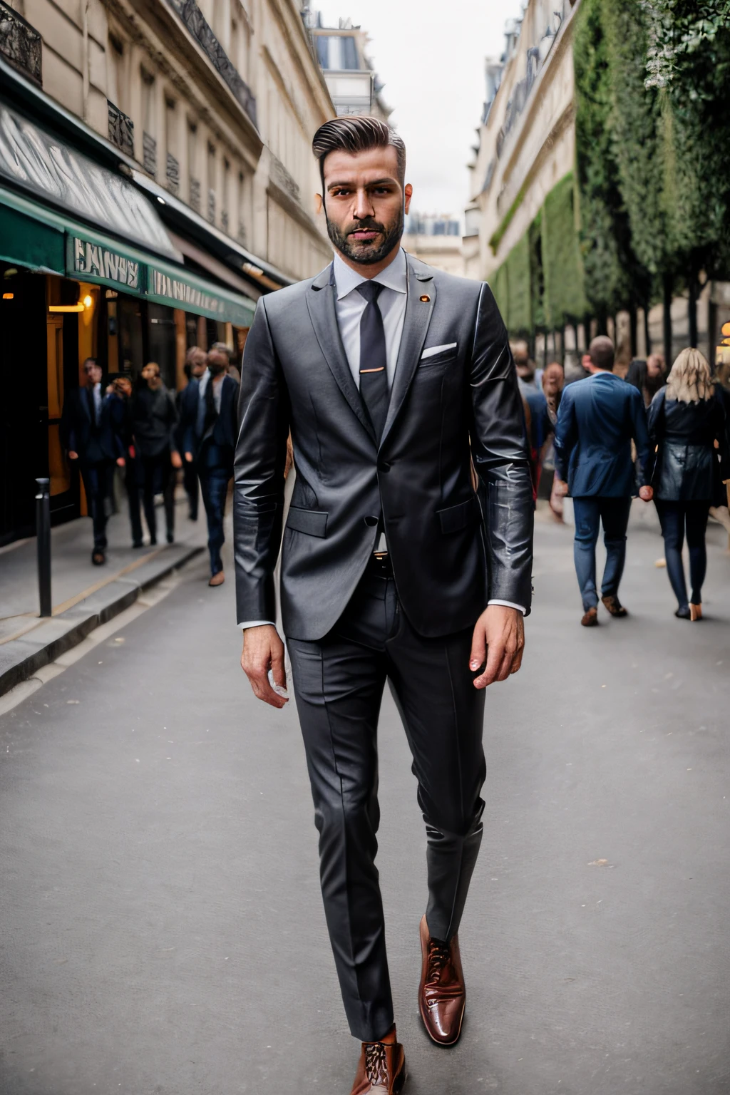 RAW photos，Western faces，dressed in a suit，Natural skin，8k uhd，high - quality，filmgrain，FujifilmXT3，Wear stylish leather shoes，Walk the streets of Paris