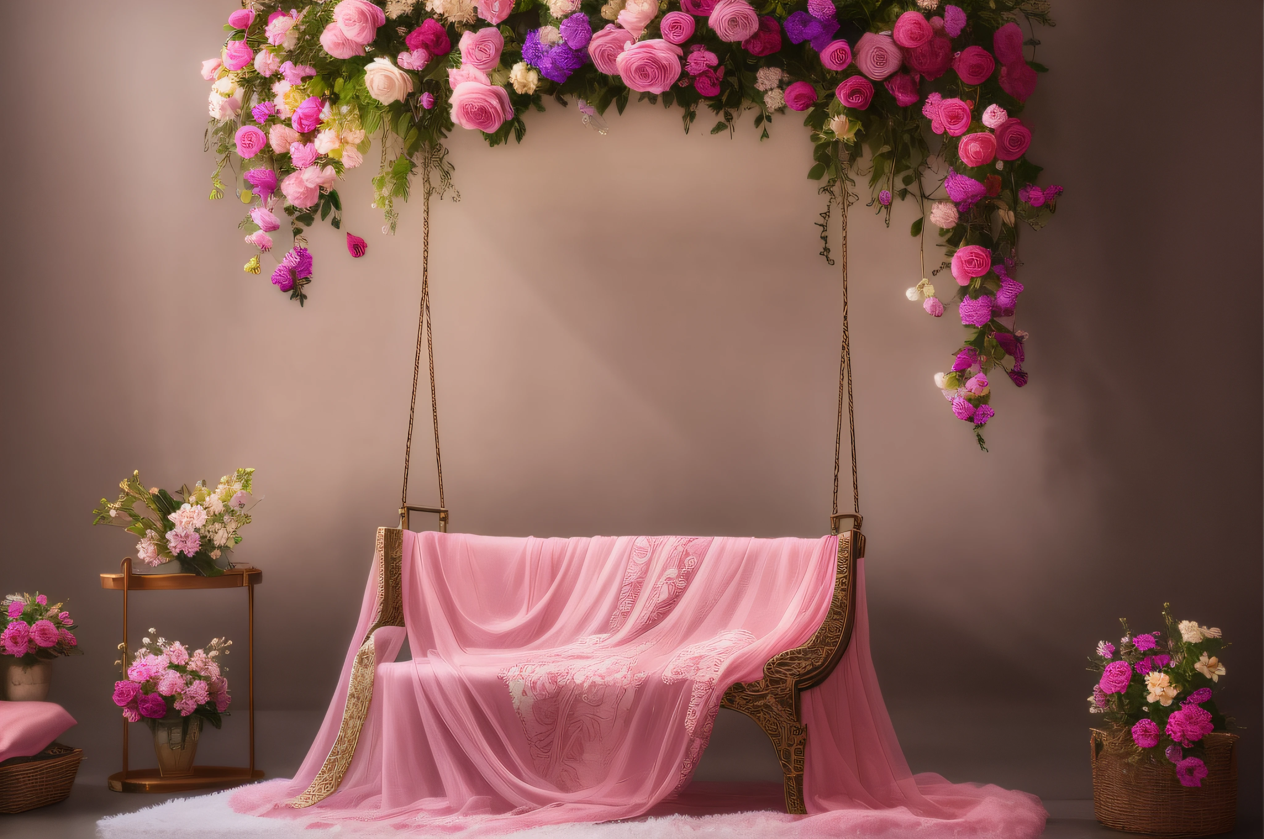 arafed swing with pink cloth and flowers in a room, Fondo de pintura de estilo barroco, Envuelto en terciopelo y flores, still life photo of a backdrop, con colores rosas suaves, cubierto de flores, Fondo pintado floral, photo studio of still life, romantic themed, photo studio background, dreamy atmosphere and drama, Toma de retrato, portrait photo of a backdrop, ambiente floral