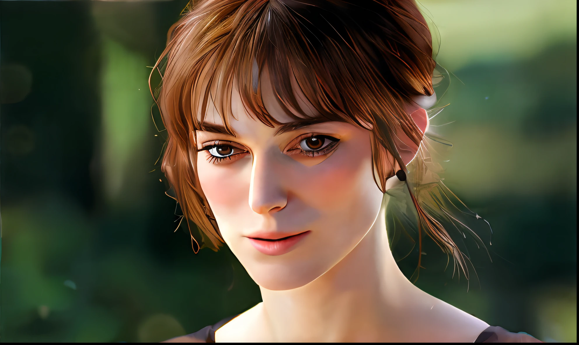 there is a woman with a brown shirt and a brown top, kiera knightley, kiera knightly, keira knightley, pride and prejudice, kiera knightly in repose, beautiful fine - face, beautiful face!!!!, jane austen, beautiful delicate face, very beautiful face, lovely delicate face, beautiful girl, beautiful face!, beautiful face!!