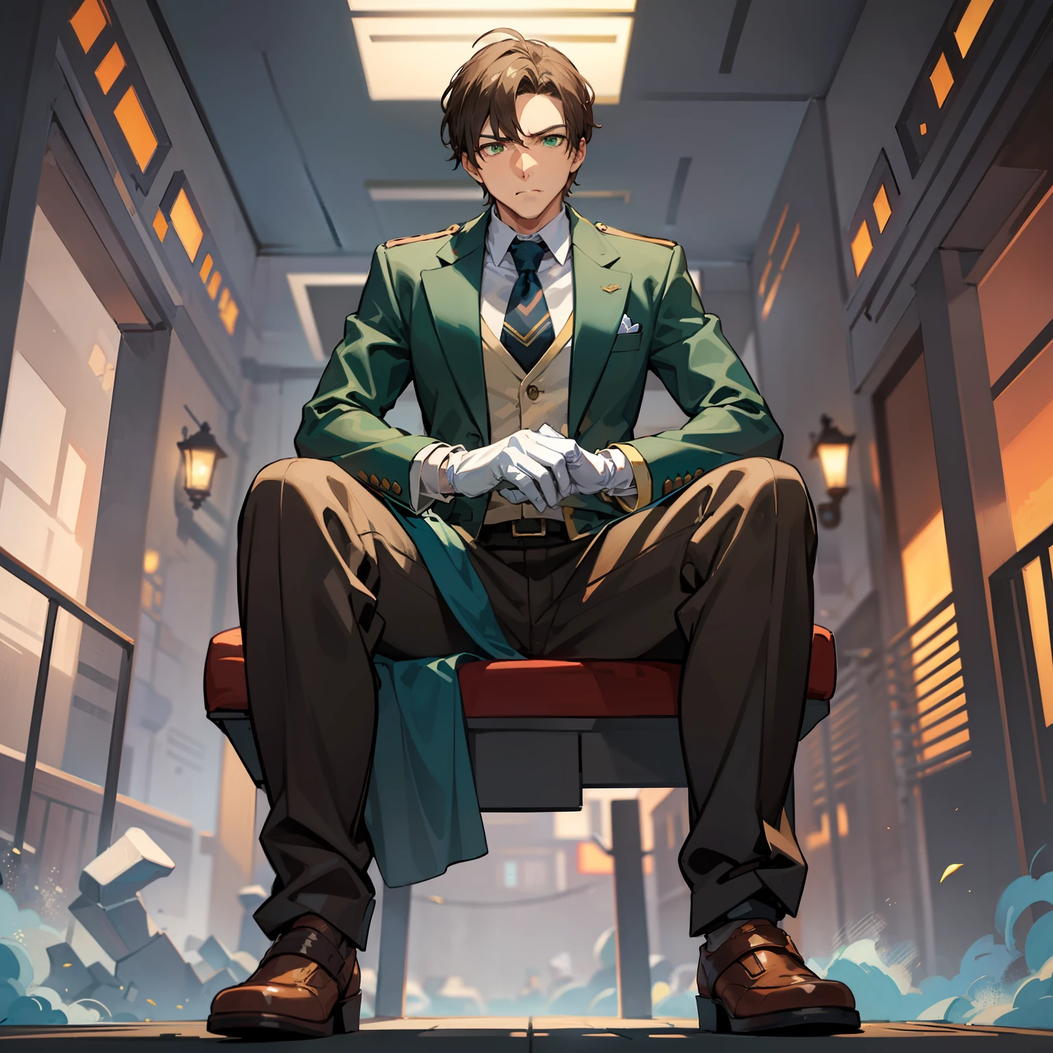 A serious man，  Quite a decent figure， Short light brown hair， Green eyes， wearing white gloves， Villain，anime figure