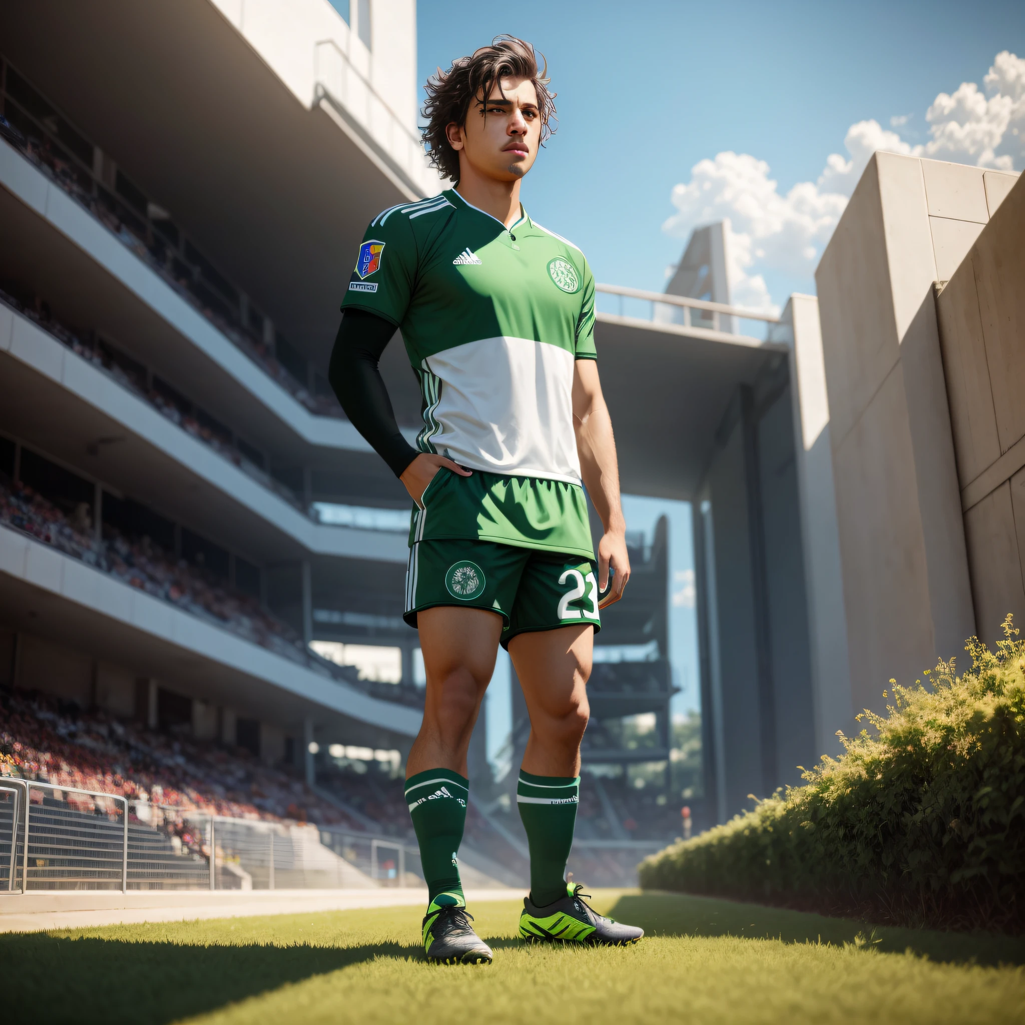 arafed soccer player standing in front of a stadium with a soccer ball, Traje de Ironman do Boston Celtics, semi - realistic render, realistic fantasy rendering, 4 k octan render, Maxwell render, renderizado no Unreal Engine 5, Renderizado em 8 K Unreal Engine, renderizado em unreal engine 4k hq, renderizado em unreal engine 4 k hq, parece realista