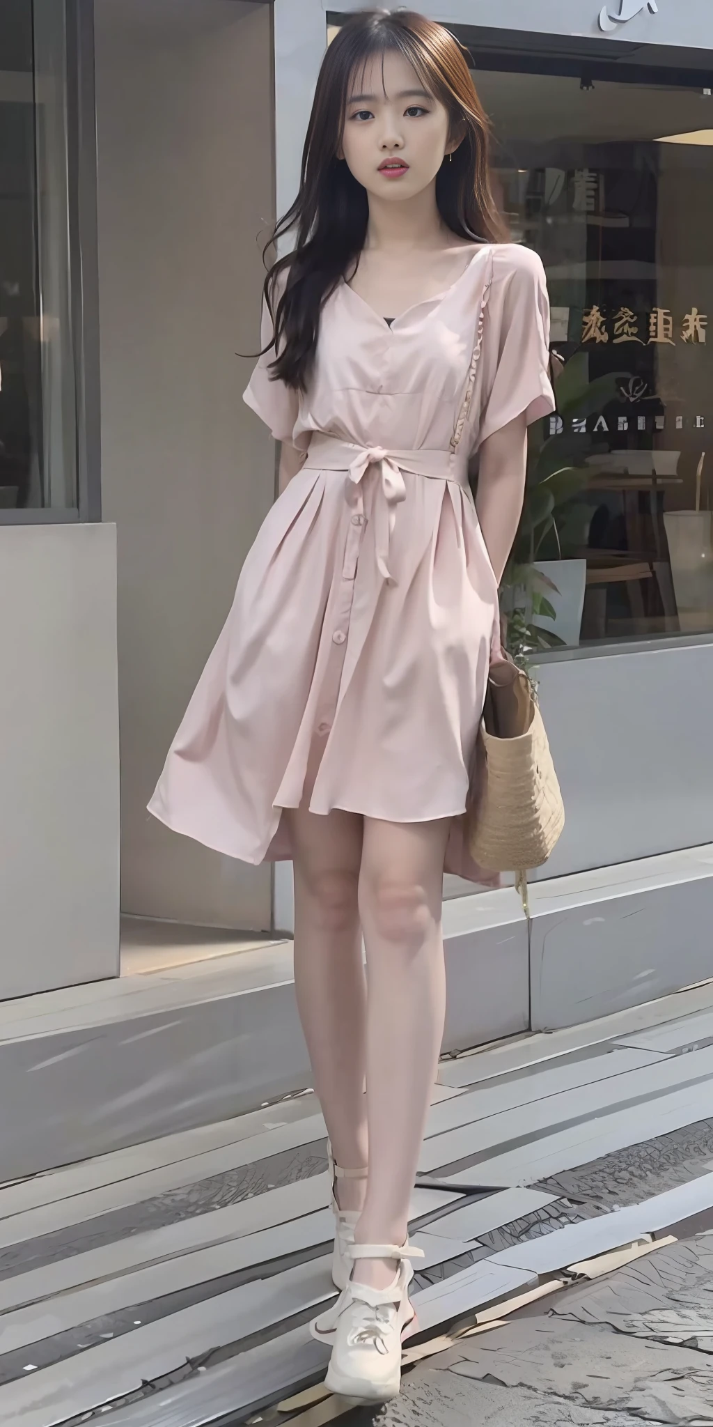 mix4, 20d, solo, long_hair, shirt, white dress, high_heels,full_body, look_at_viewer, (8k, RAW photo, best quality, mastery:1.2), (realistic, photo-realistic:1.37), professional lighting, photon mapping, 光能传递, 基于物理的渲染