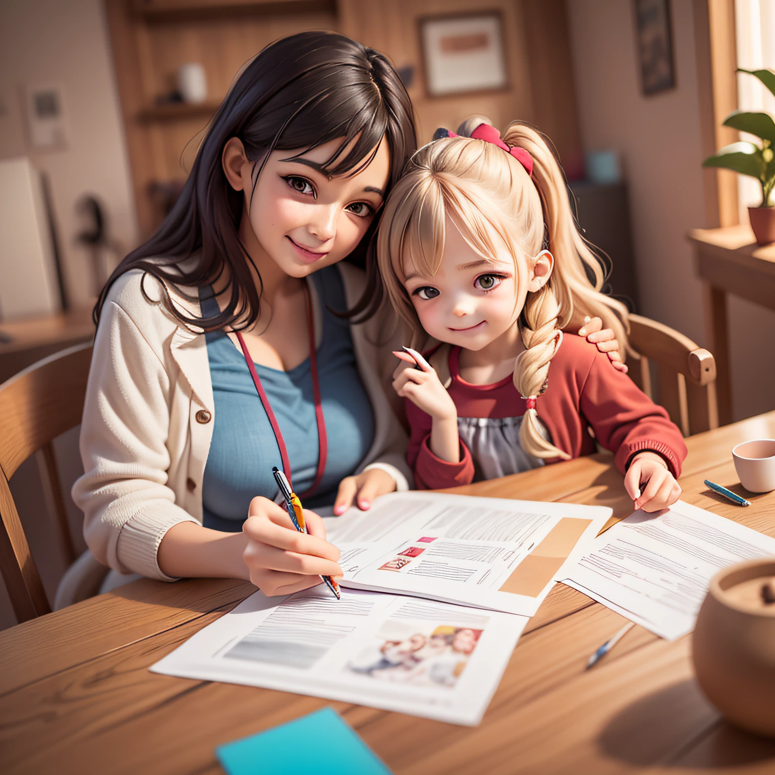 The image shows a mother and young daughter, com cabelos curtos e olhos brilhantes, Standing next to a wooden table. They're leaning over the table, holding several colored pens in your hands. The girl is smiling as she colors a picture on paper. the mother watches the child.