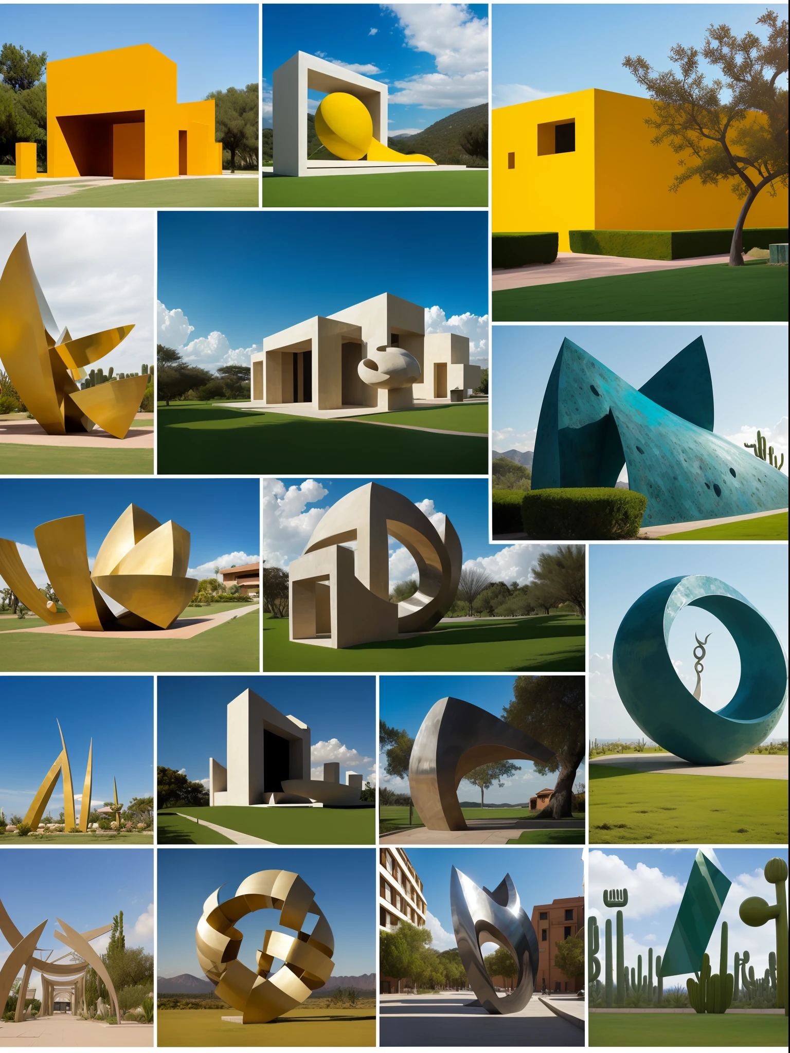 (masterpiece, best quality)),illustration,ultra detailed 8k, An illustration, ((Estilo collage)), (((multiple Luis Barragan's style buildings))), (((Mike Mignola's artistic style))), (Secciones), ((Colores desaturados)),big rocks, ((lago)), cacti, (nubes lisas), un puente, escalera, La Luna, Grandes edificios, abundant vegetation, Arbustos, (((big geometric sculptures))), hard shadows, dramatic, cinematographic, high contrast, jupiter, saturn, uranus