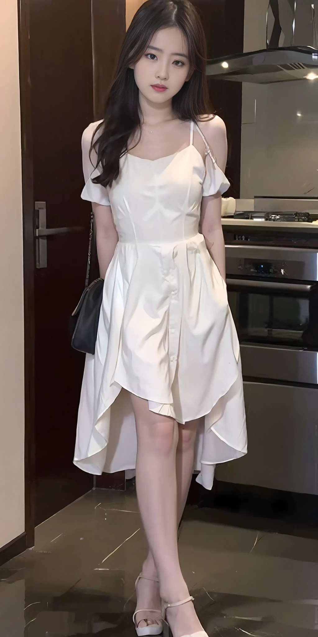 mix4, 20d, solo, long_hair, shirt, white dress, high_heels,full_body, look_at_viewer, (8k, RAW photo, best quality, mastery:1.2), (realistic, photo-realistic:1.37), professional lighting, photon mapping, 光能传递, 基于物理的渲染