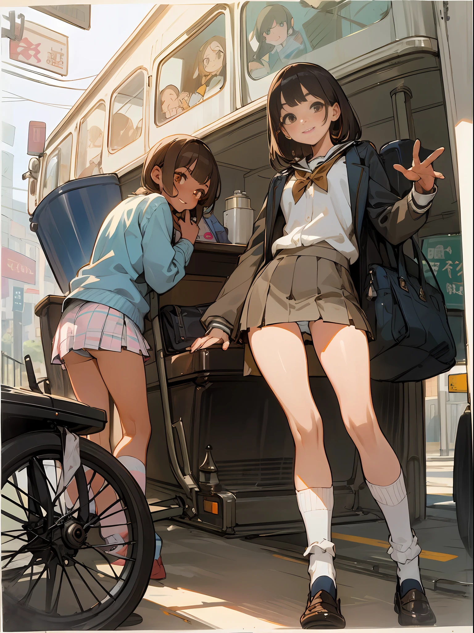 master piece,hyper quality, hyper detailed,Perfect drawing,Hi-Res、独奏, professional photo、Beautiful girl with brown skin、bbw:(1.2)、Leg thickness、Brown hair、showy、High 、Student uniform、miniskirts:(0.8)、Turn around、(Panties in full view)、tannedskin:(1.5)、pretty smile、Sunburn marks:(1.5)、(((Buggy socks)))、loafers、street、schools、station、Beautiful background、Bust-up、portrate、Detailed drawing、Accurate drawing