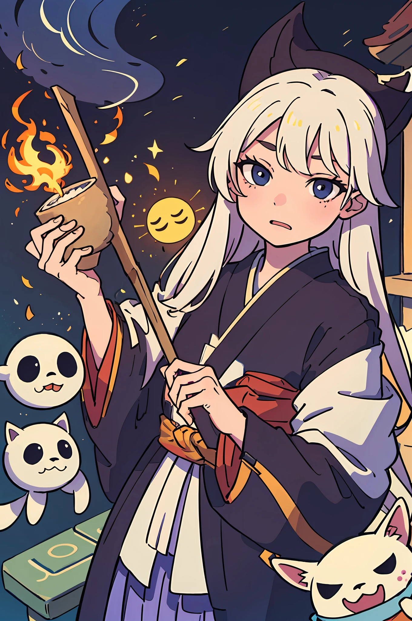 Holding a wooden stick in his hand