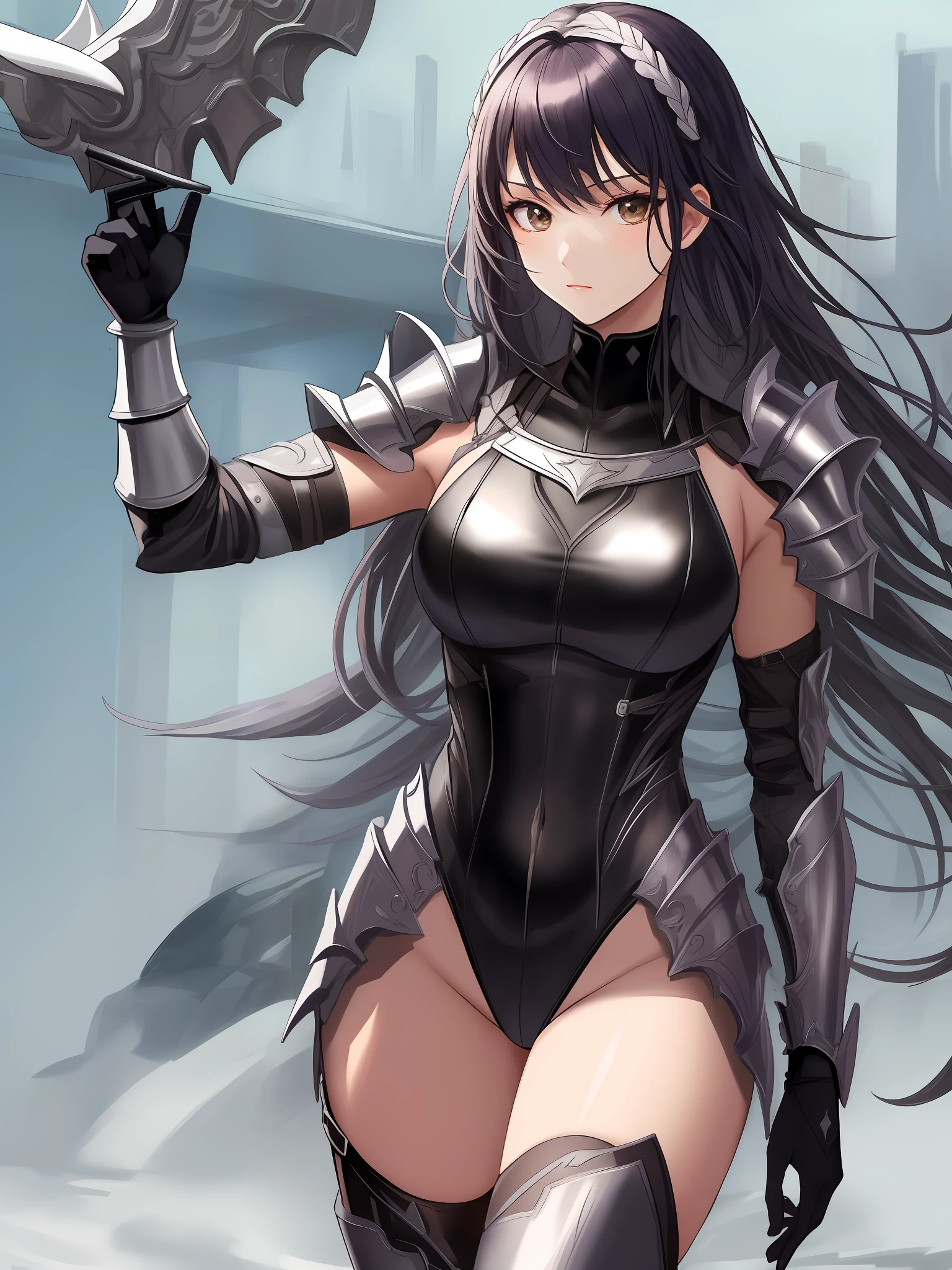 Solo,Glittering body,warrior woman,Black Swimsuit,Covered in armor,Very complex armor,Fine pattern,black leotard,